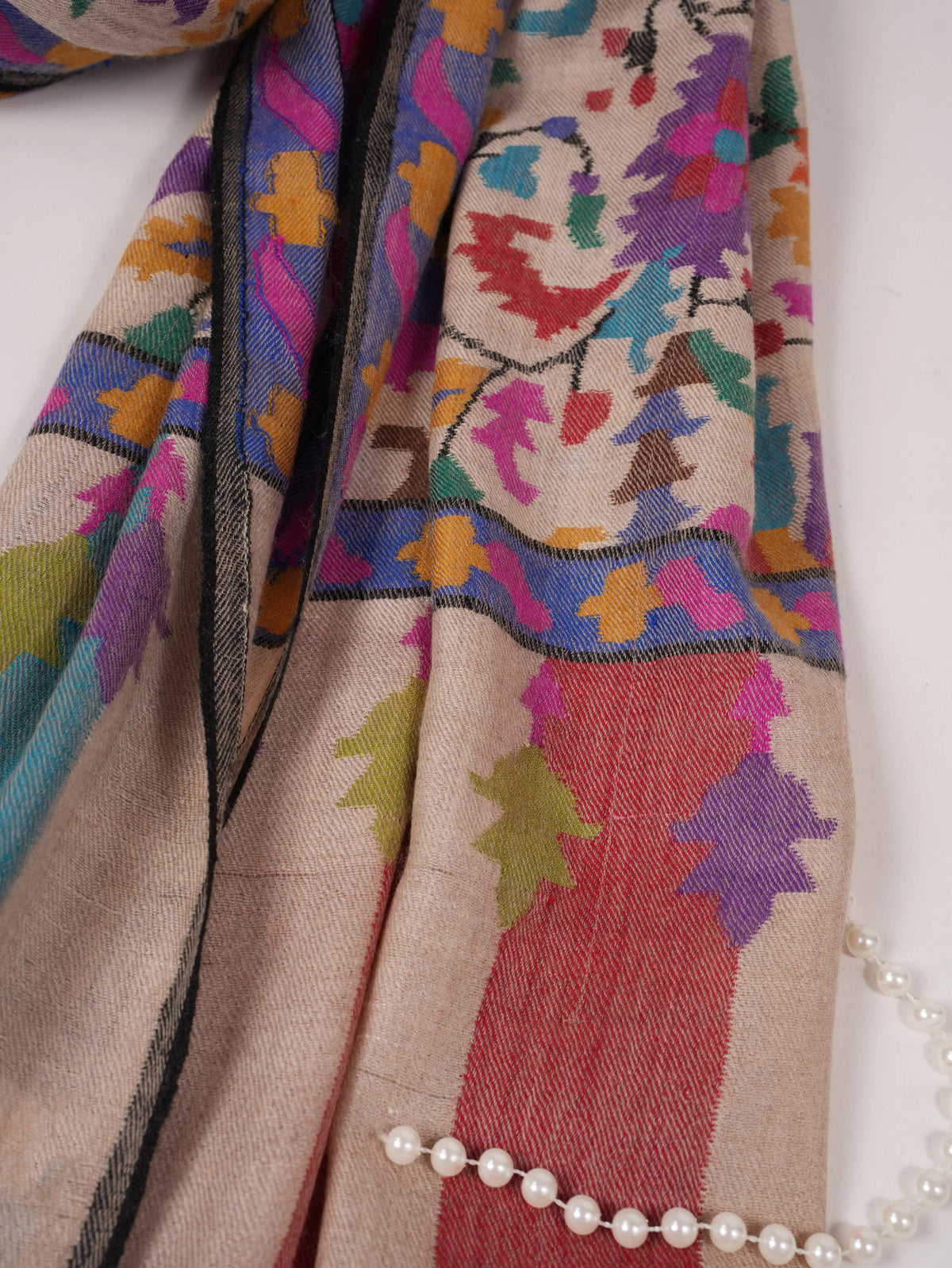 Handwoven Light Beige Oversized Kashmiri Kani Pashmina Shawl