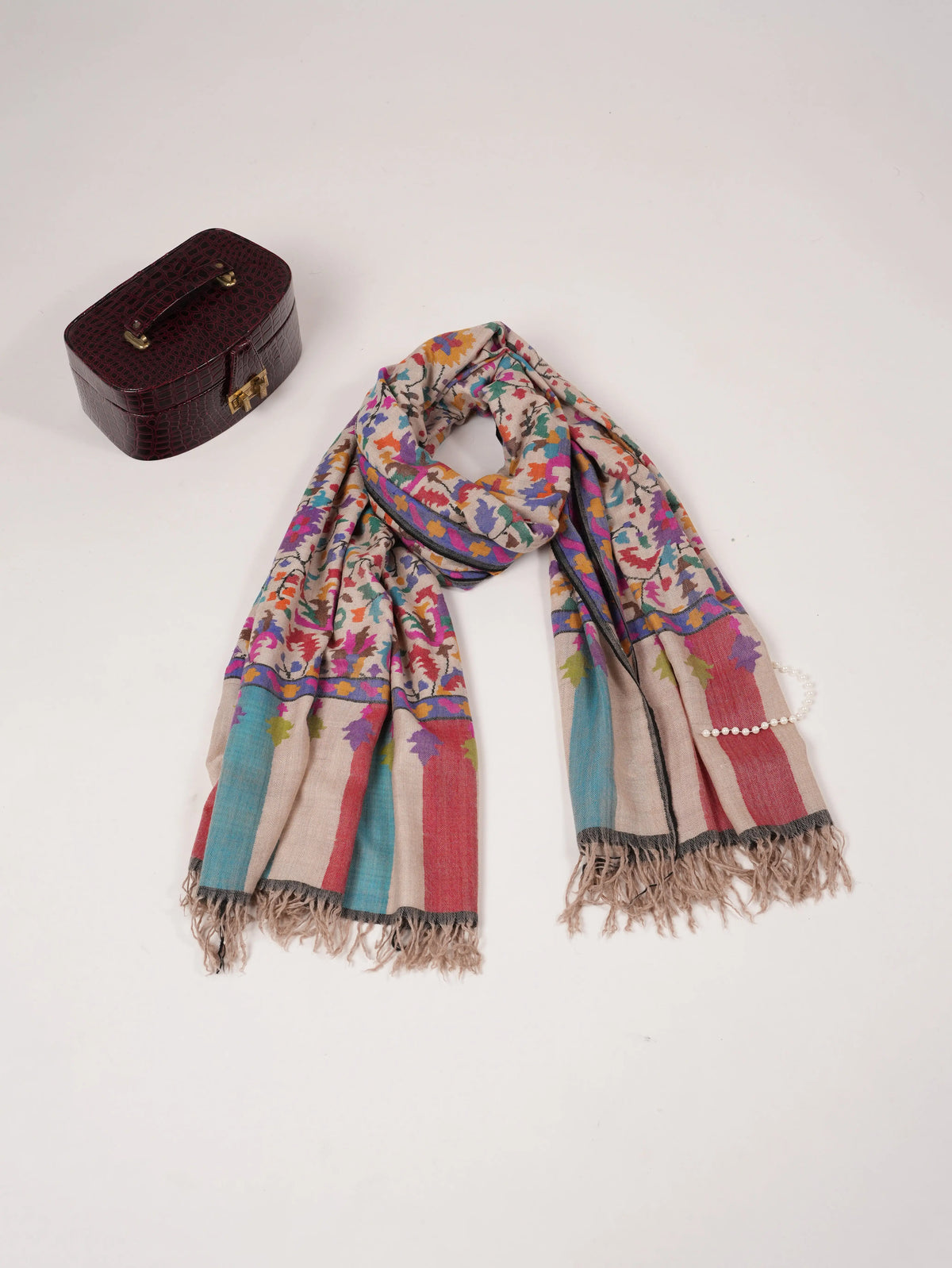 Handwoven Light Beige Oversized Kashmiri Kani Pashmina Shawl