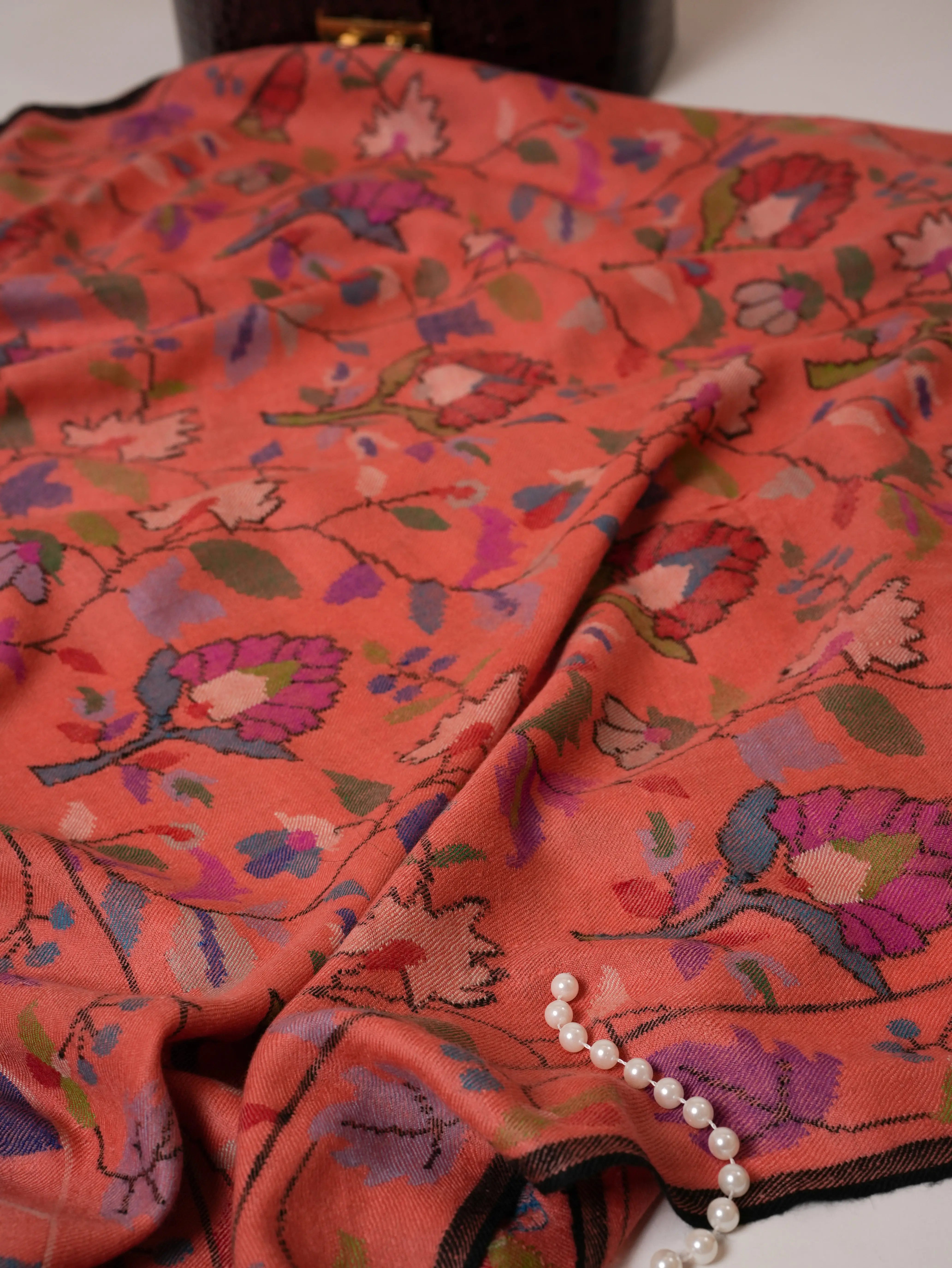 Coral Handwoven Kani Kashmiri Pashmina Shawl Shahkaar Global