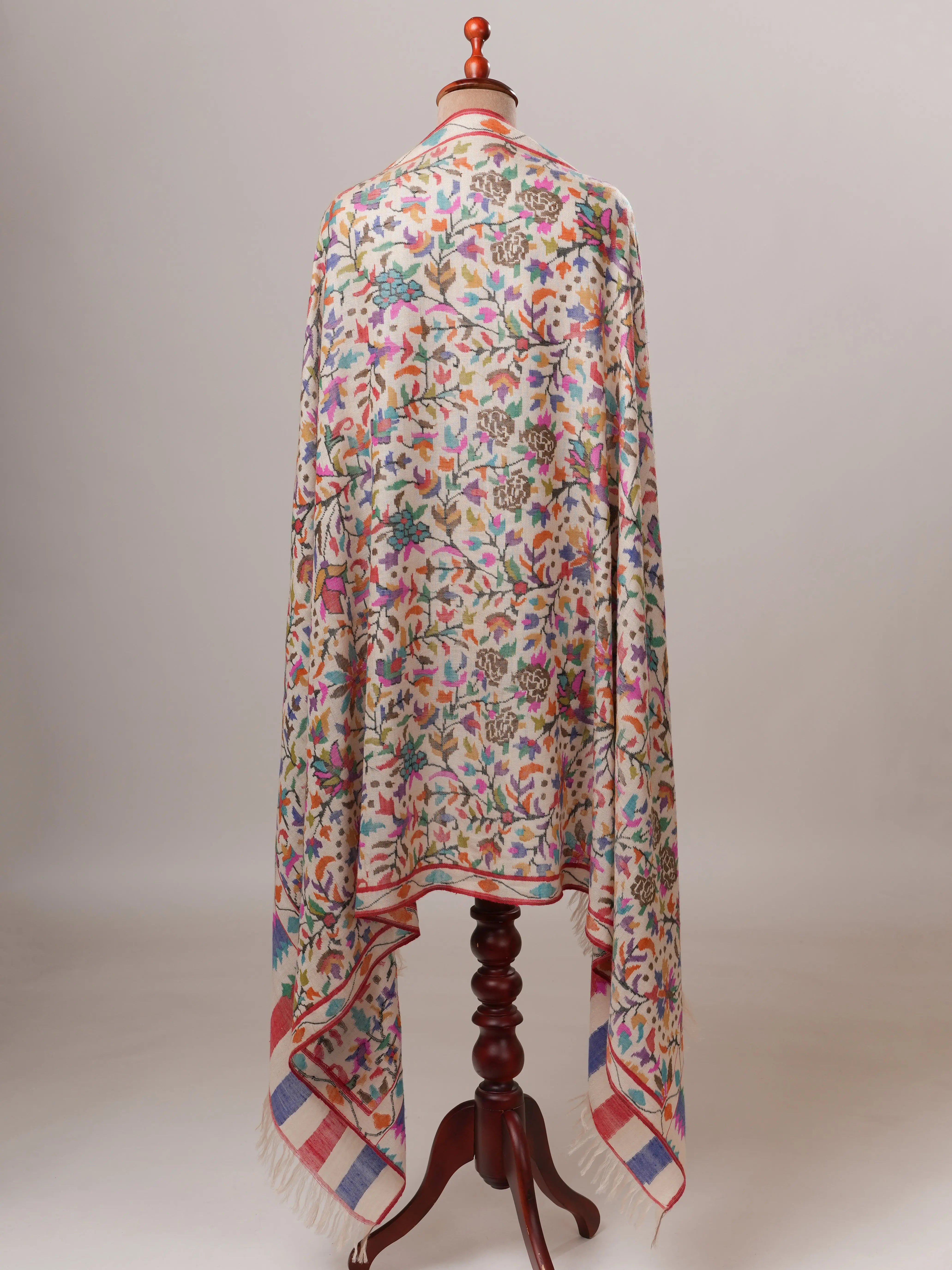 Ivory Floral Handwoven Kani Pashmina Jamavar Shawl Shahkaar Global