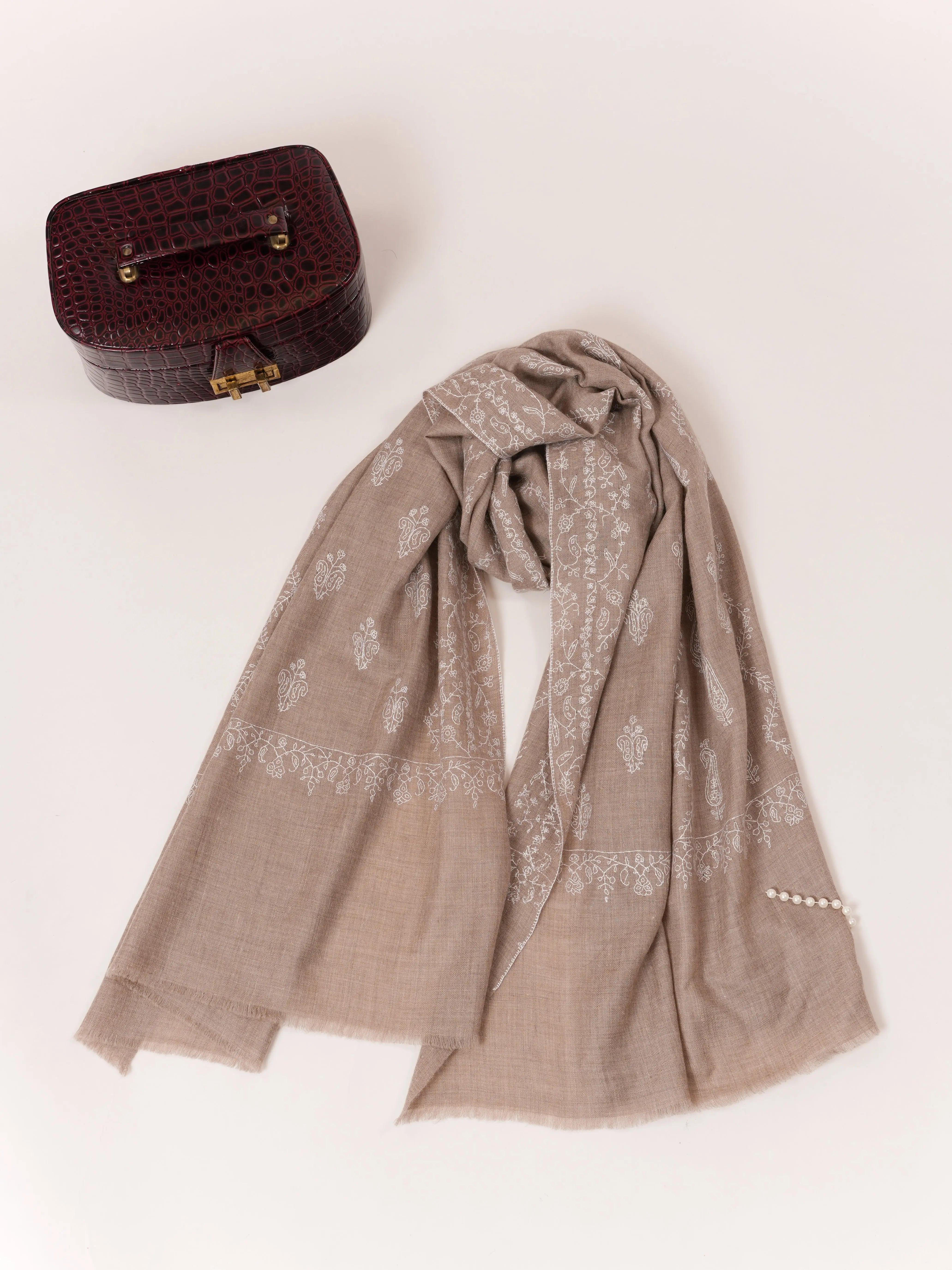 Natural Taupe Cashmere Scarf with White Jali Embroidery Shahkaar.com