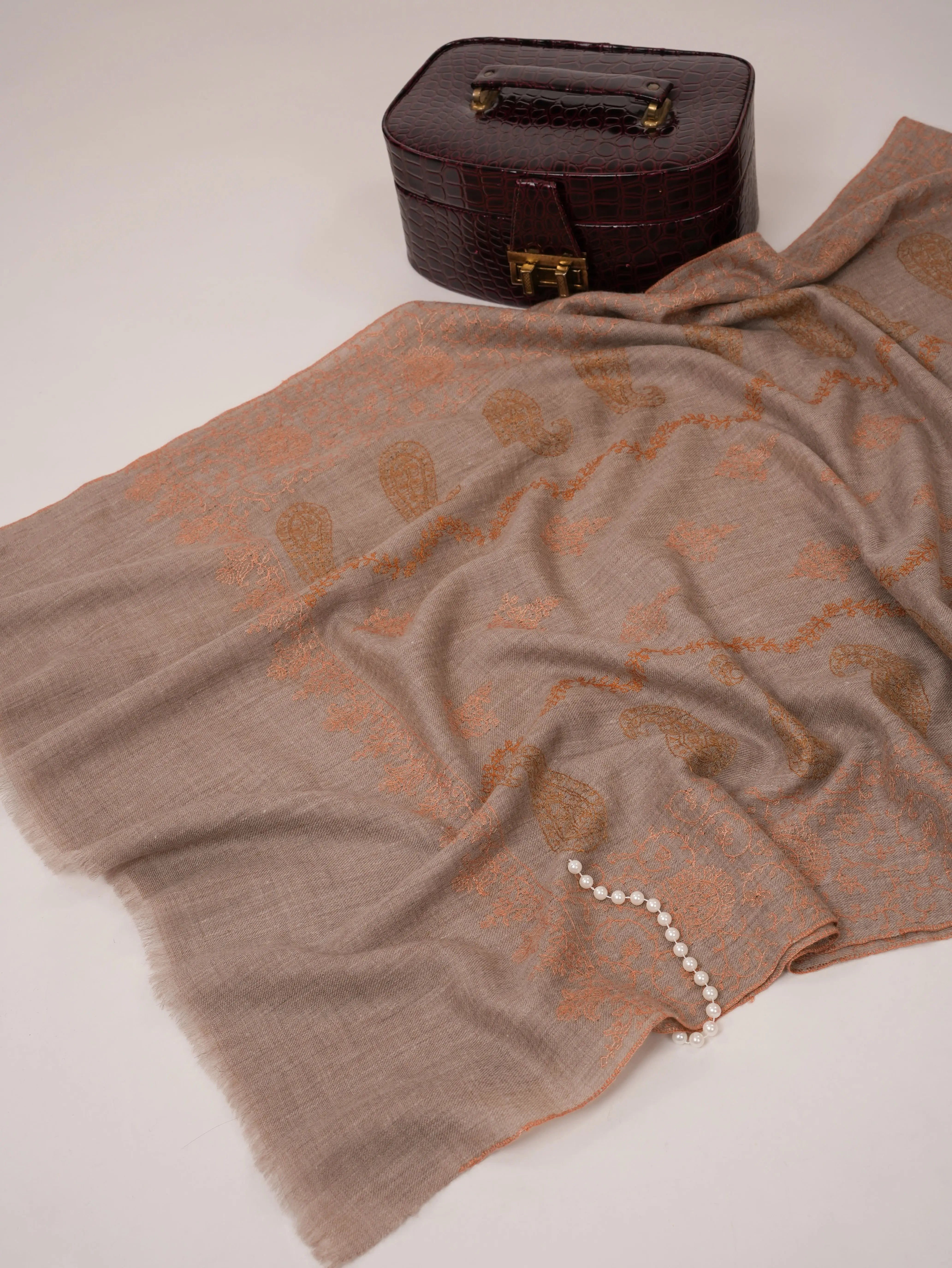 Natural Grey Cashmere Scarf with Hand Embroidery Shahkaar.com