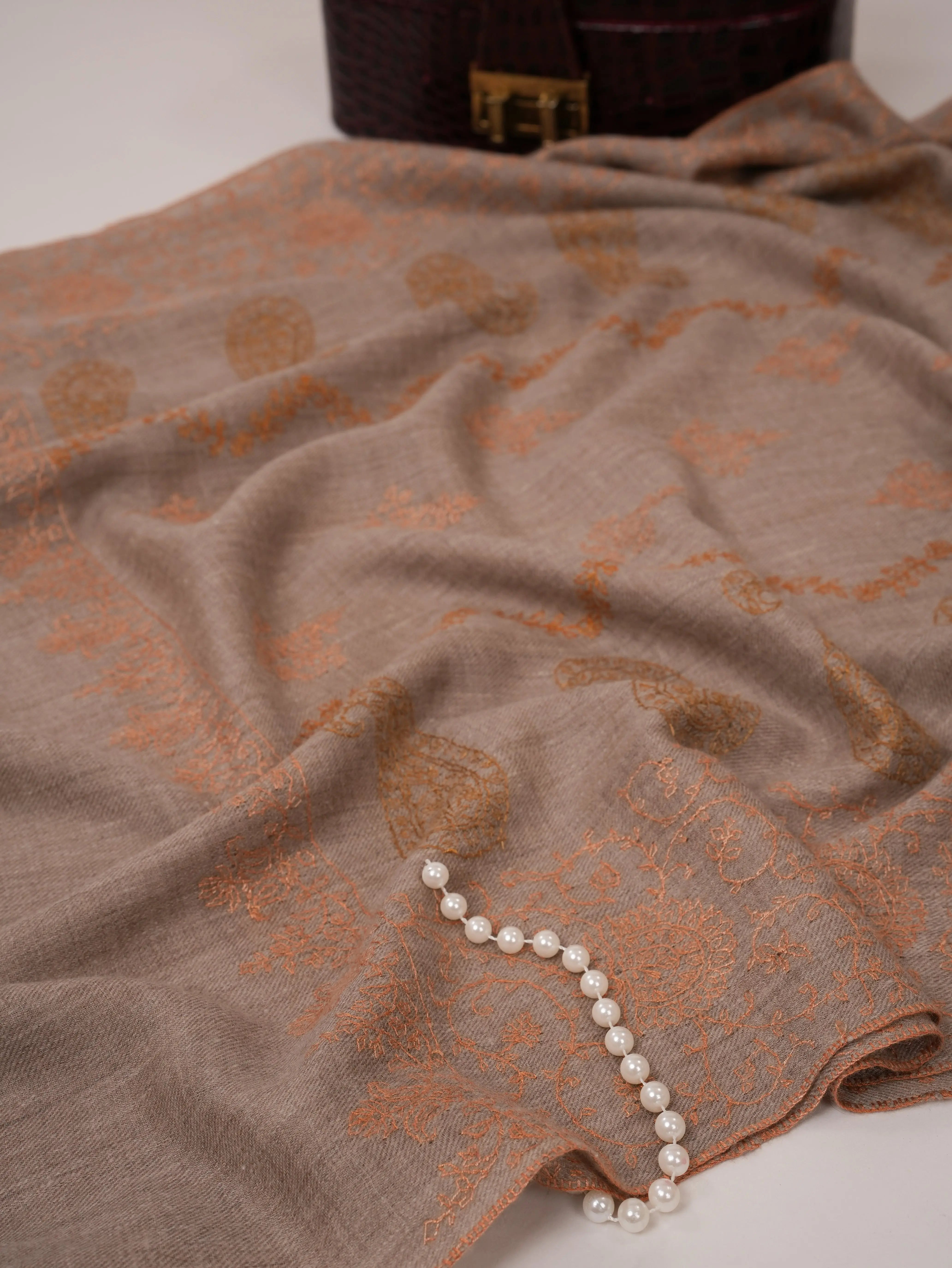 Natural Grey Cashmere Scarf with Hand Embroidery Shahkaar.com