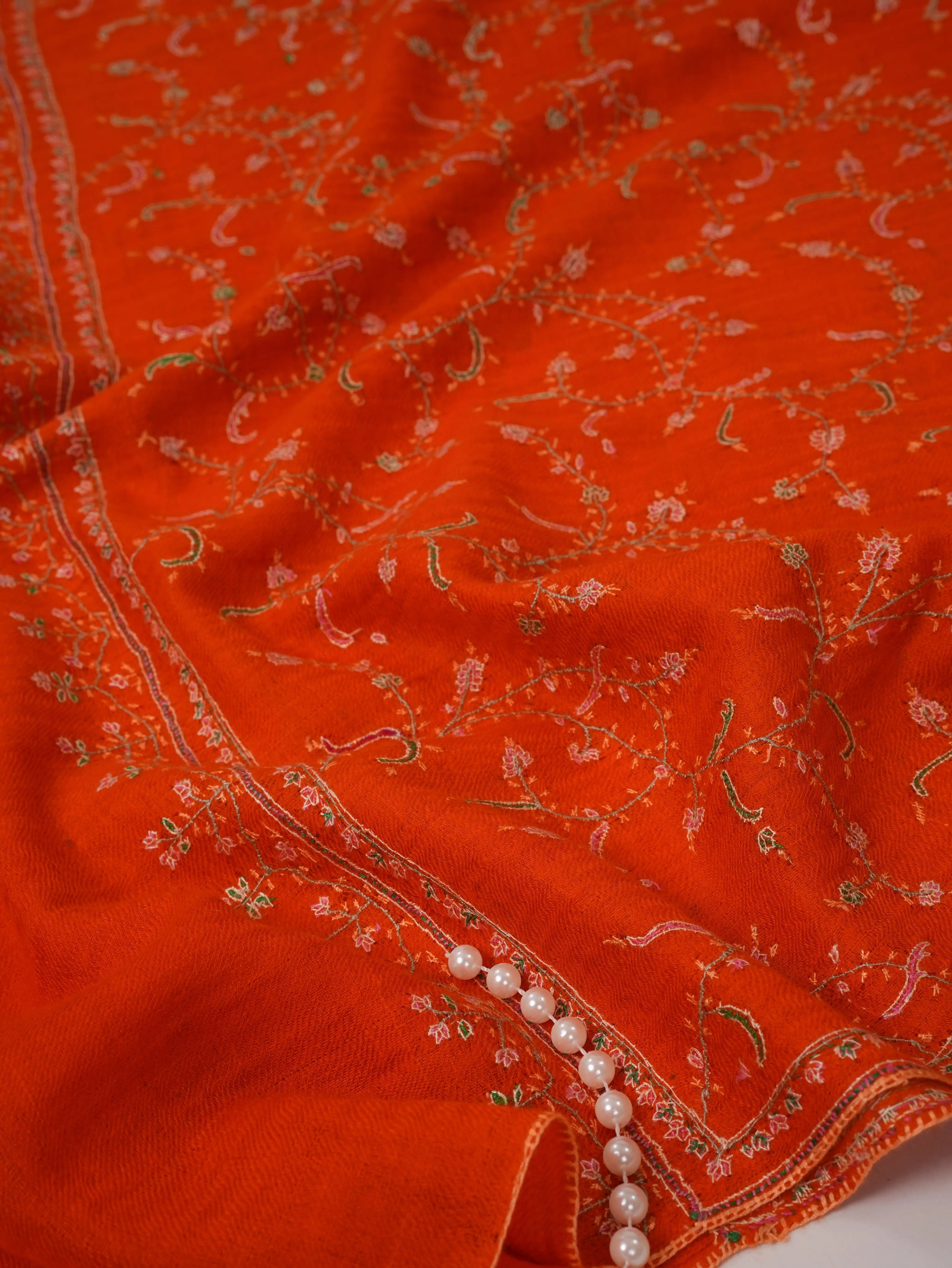Orange Cashmere Scarf with All Over Hand Embroidery Shahkaar.com