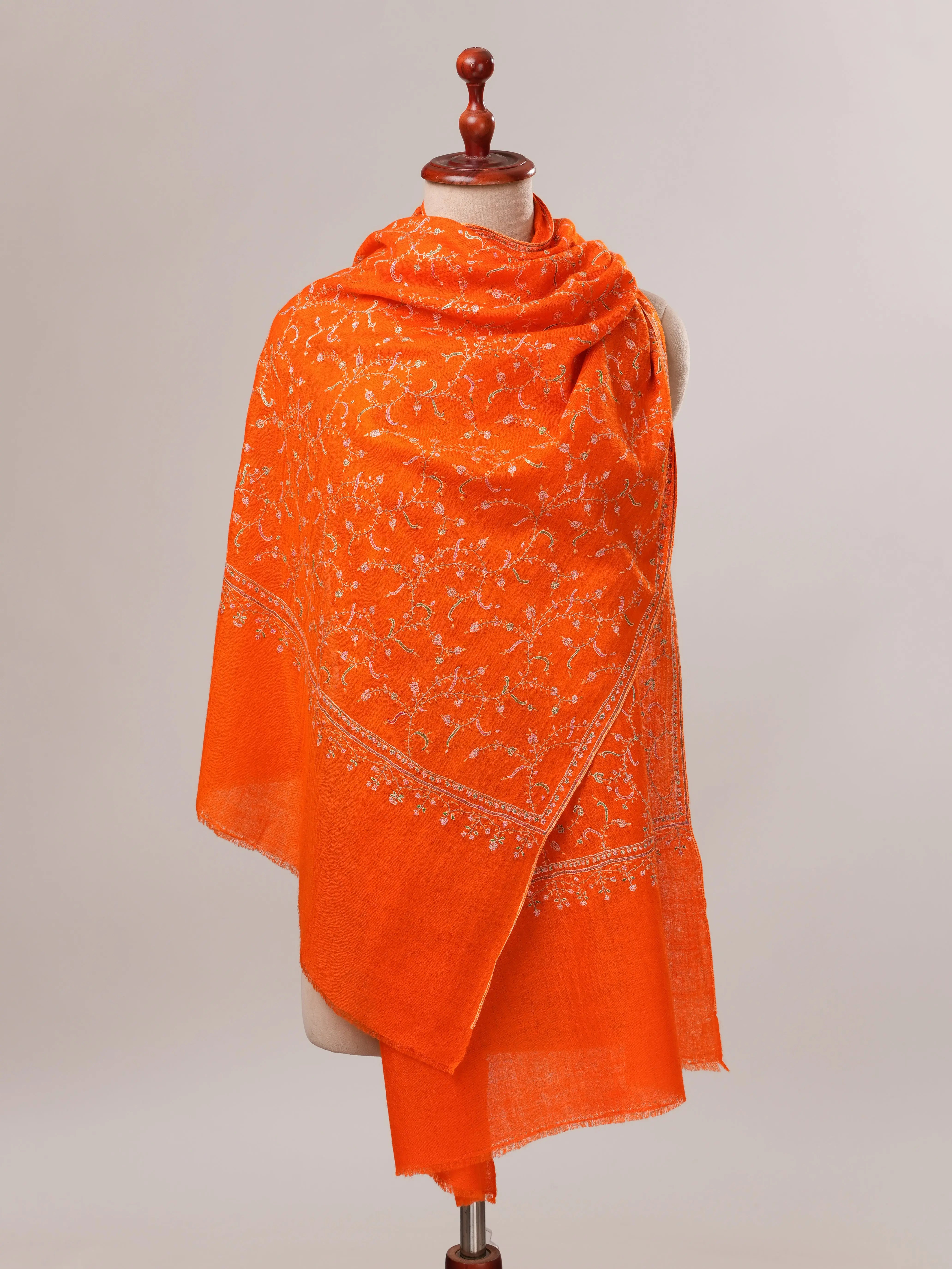 Orange Cashmere Scarf with All Over Hand Embroidery Shahkaar.com