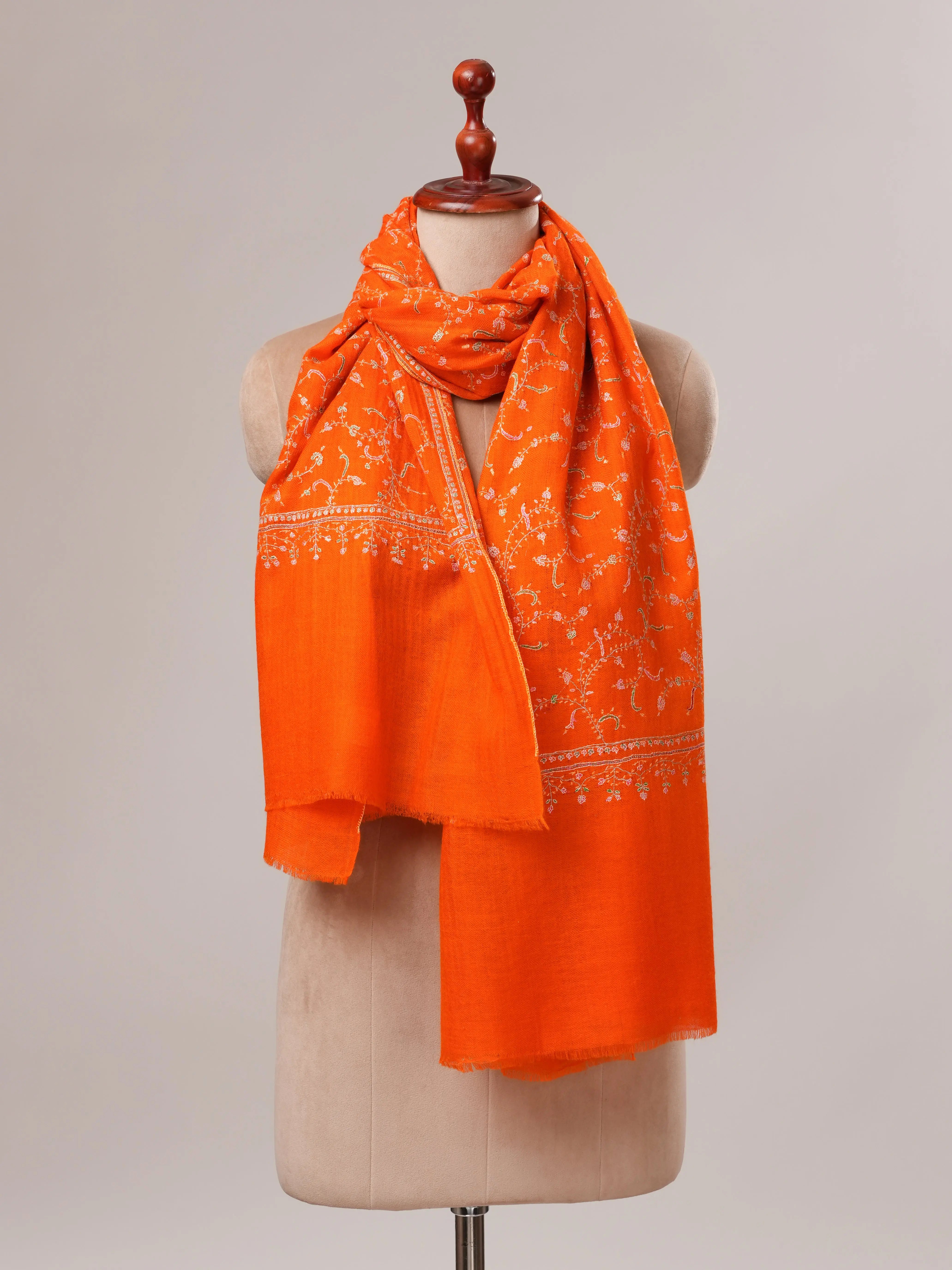 Orange Cashmere Scarf with All Over Hand Embroidery Shahkaar.com