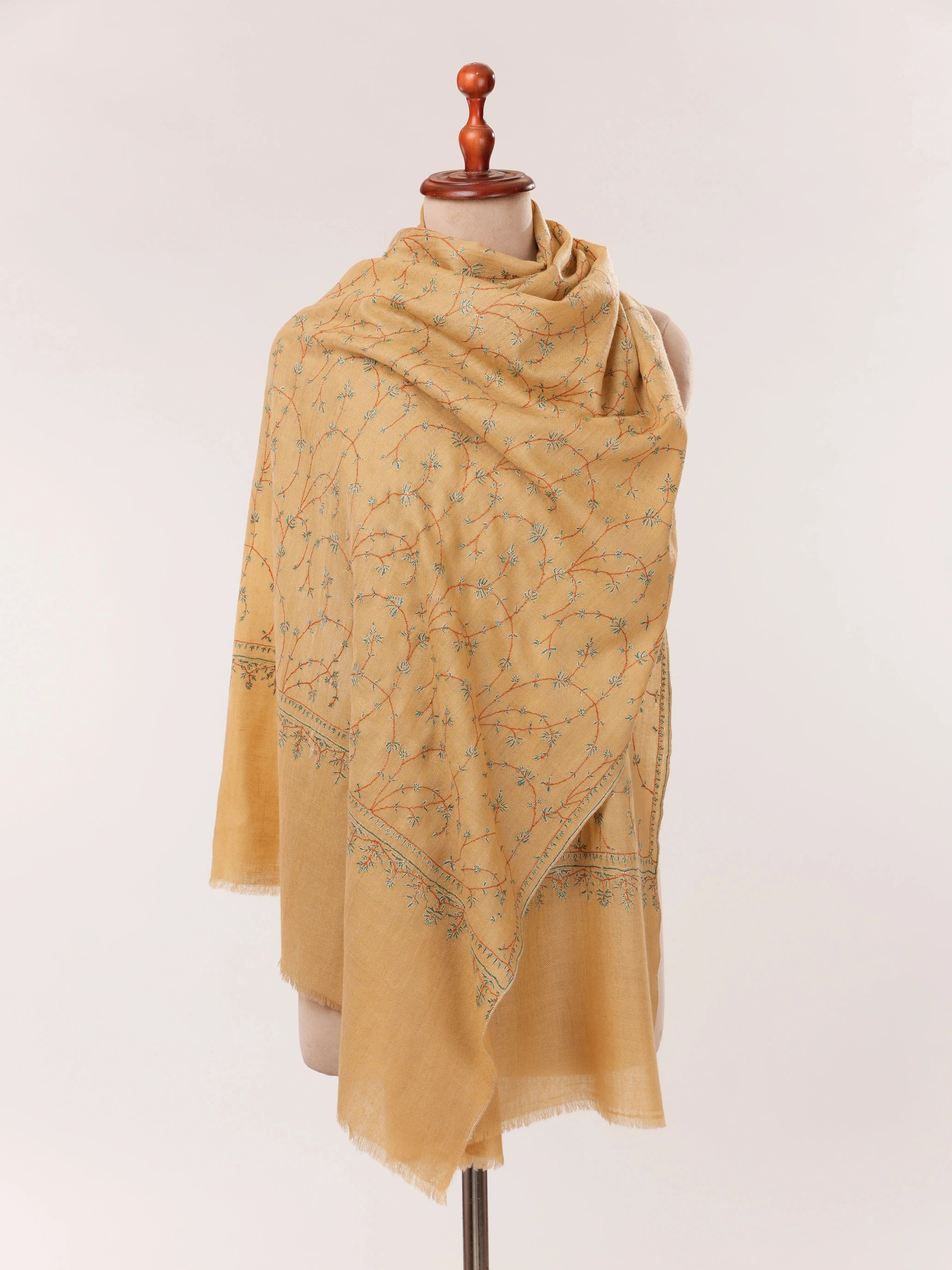 Tan Hand Embroidered Jali Baby Soft Cashmere Scarf Shahkaar.com