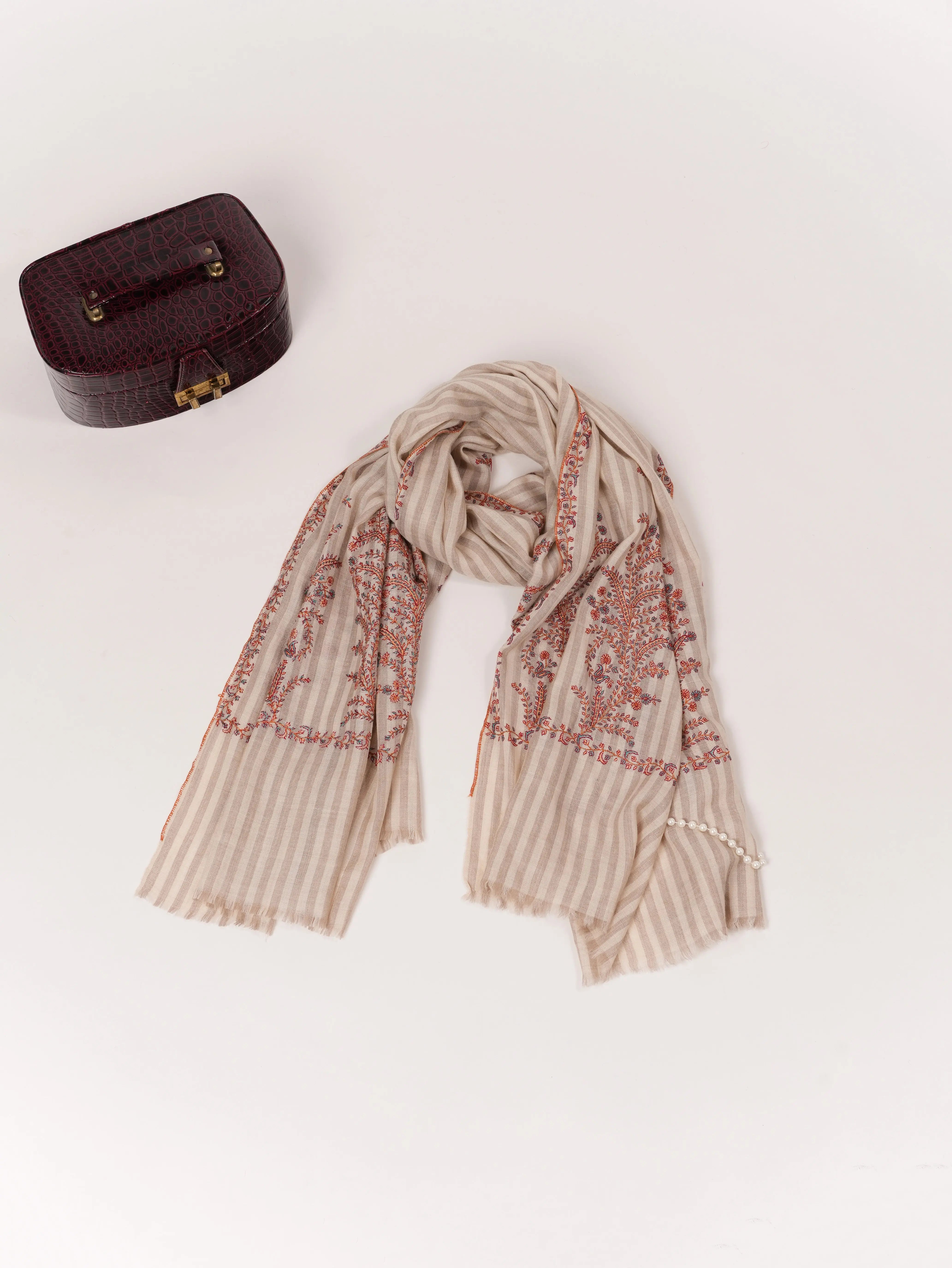 Pure Handwoven Pashmina Shawl in Stripe with Hand Palldar Embroidery Shahkaar.com