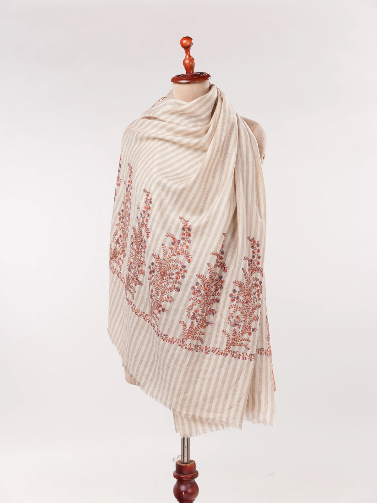 Pure Handwoven Pashmina Shawl in Stripe with Hand Palldar Embroidery Shahkaar.com