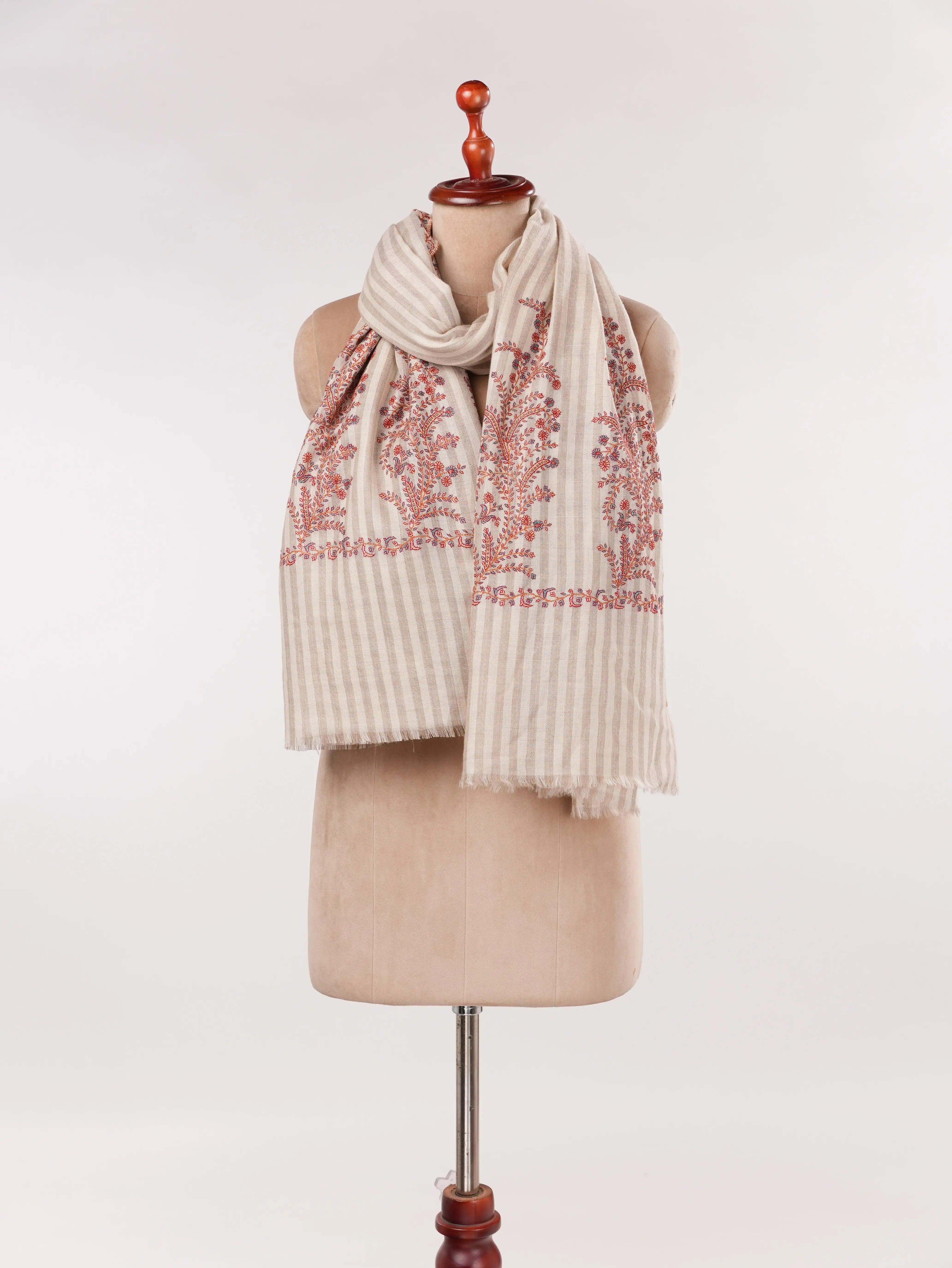 Pure Handwoven Pashmina Shawl in Stripe with Hand Palldar Embroidery Shahkaar.com