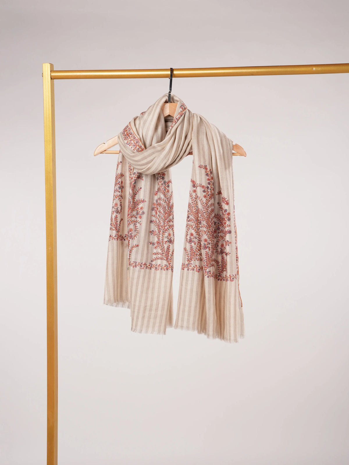 Pure Handwoven Pashmina Shawl in Stripe with Hand Palldar Embroidery Shahkaar.com