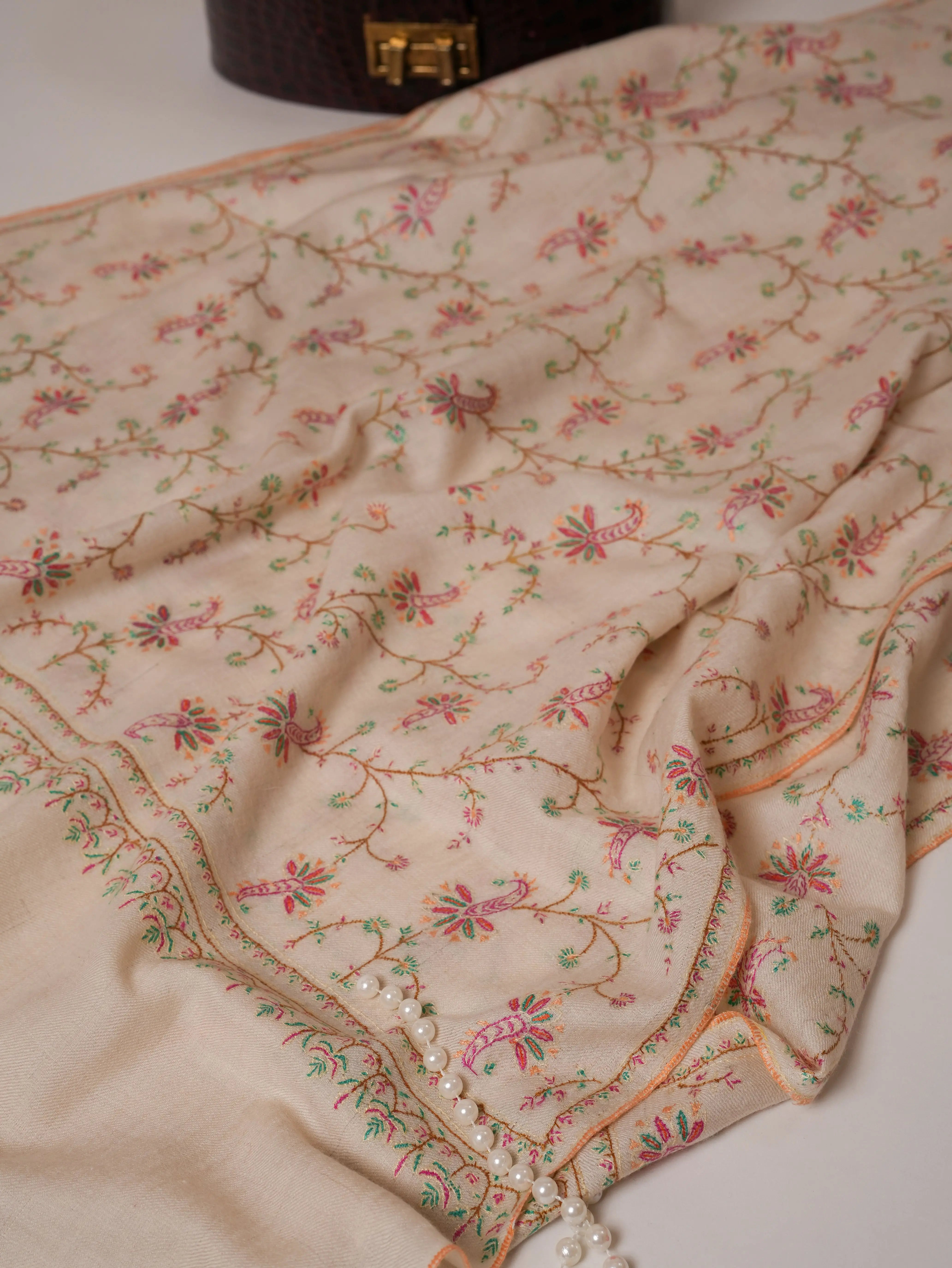 Ivory Floral Hand Embroidered Jali Kashmiri Pashmina Shawl Shahkaar Global