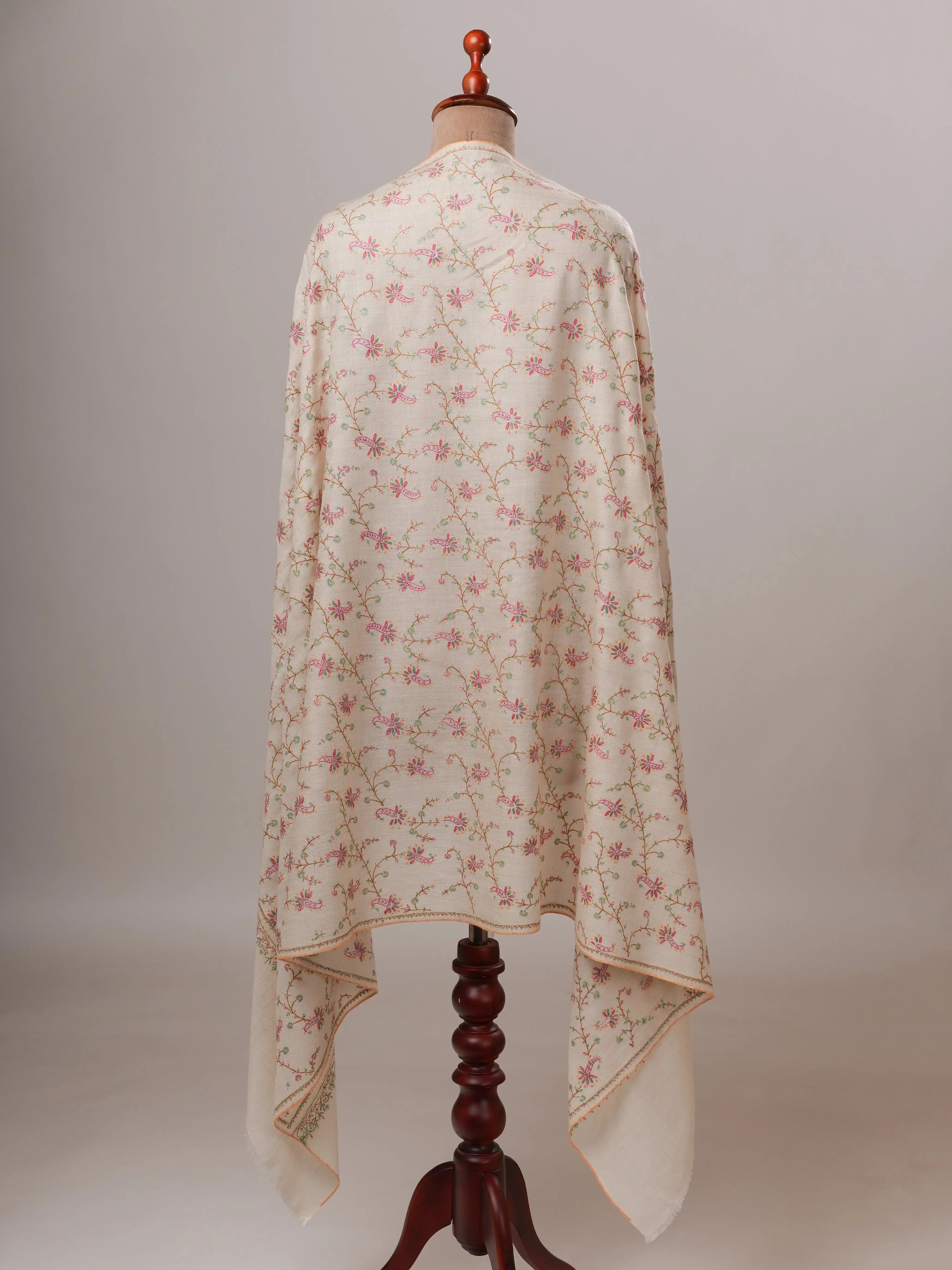 Ivory Floral Hand Embroidered Jali Kashmiri Pashmina Shawl Shahkaar Global