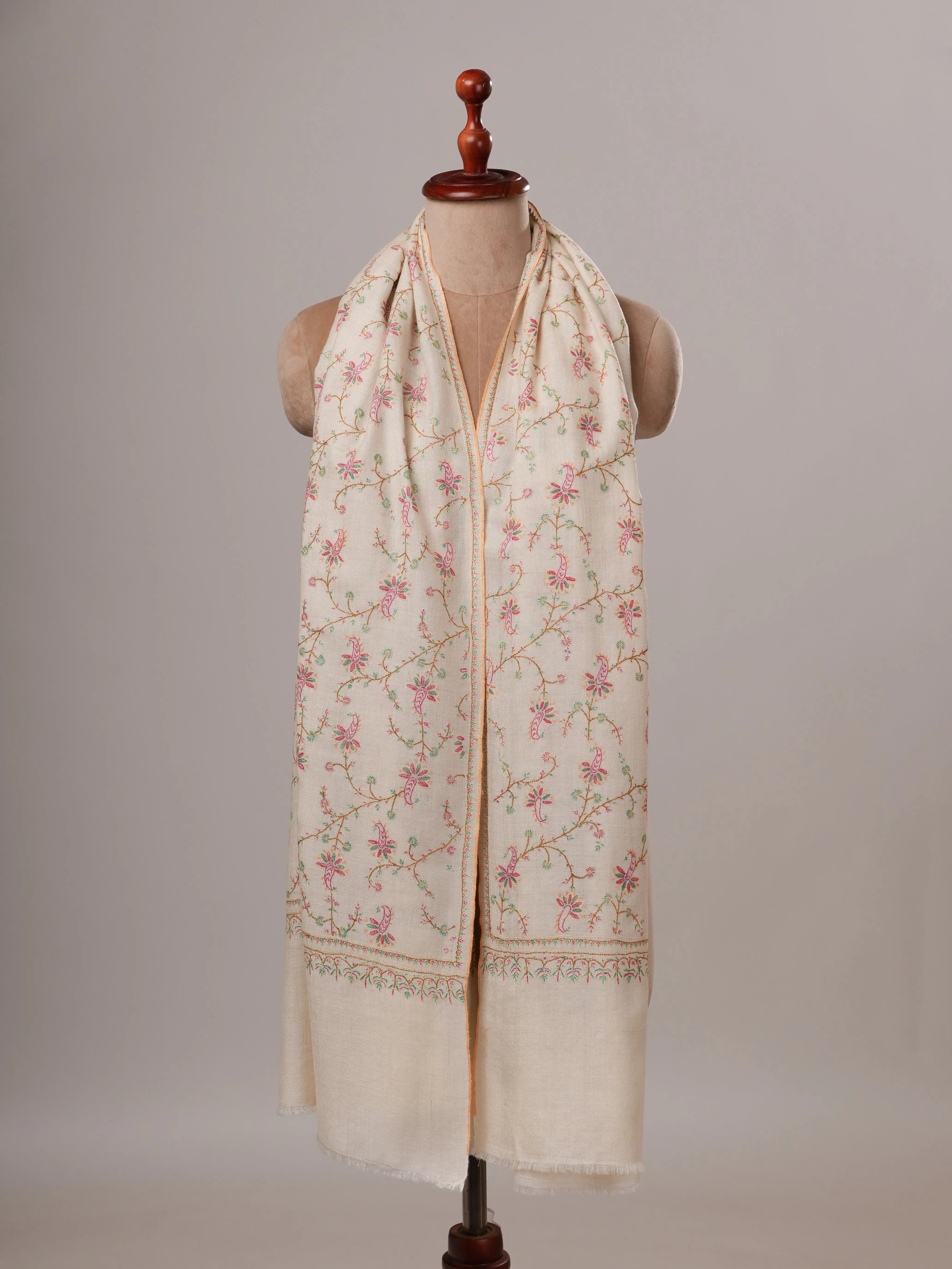 Ivory Floral Hand Embroidered Jali Kashmiri Pashmina Shawl Shahkaar Global