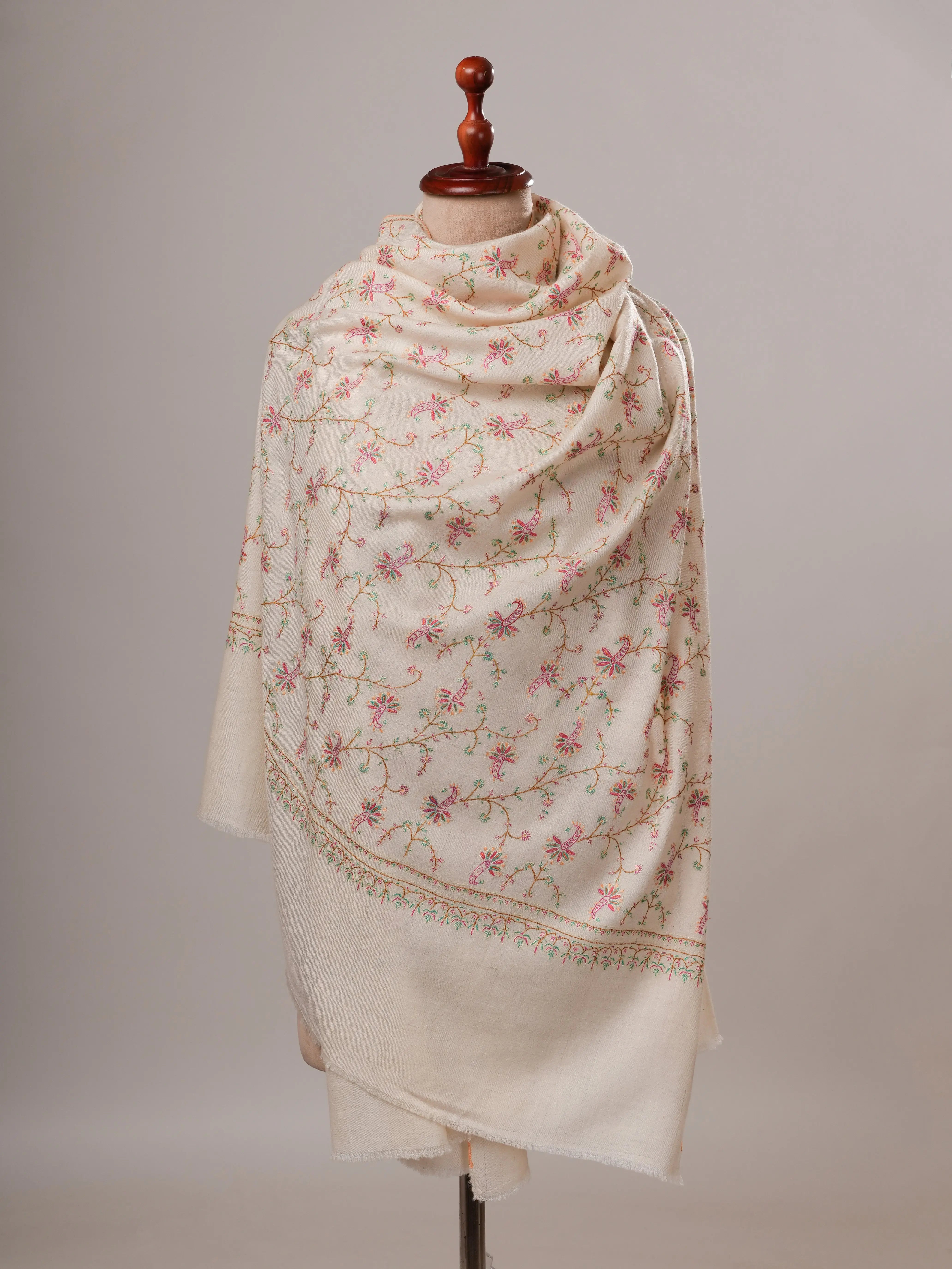 Ivory Floral Hand Embroidered Jali Kashmiri Pashmina Shawl Shahkaar Global