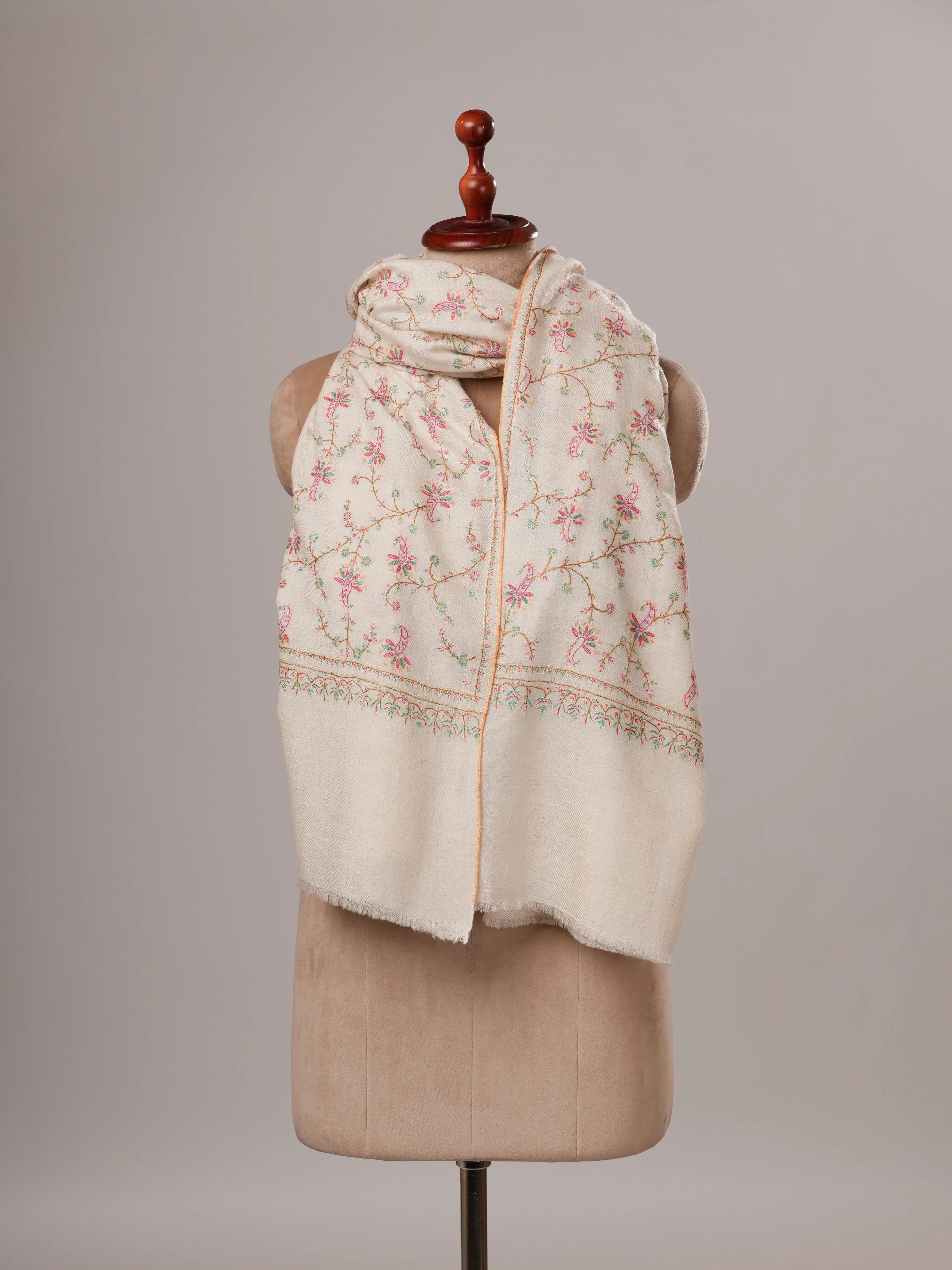 Ivory Floral Hand Embroidered Jali Kashmiri Pashmina Shawl Shahkaar Global
