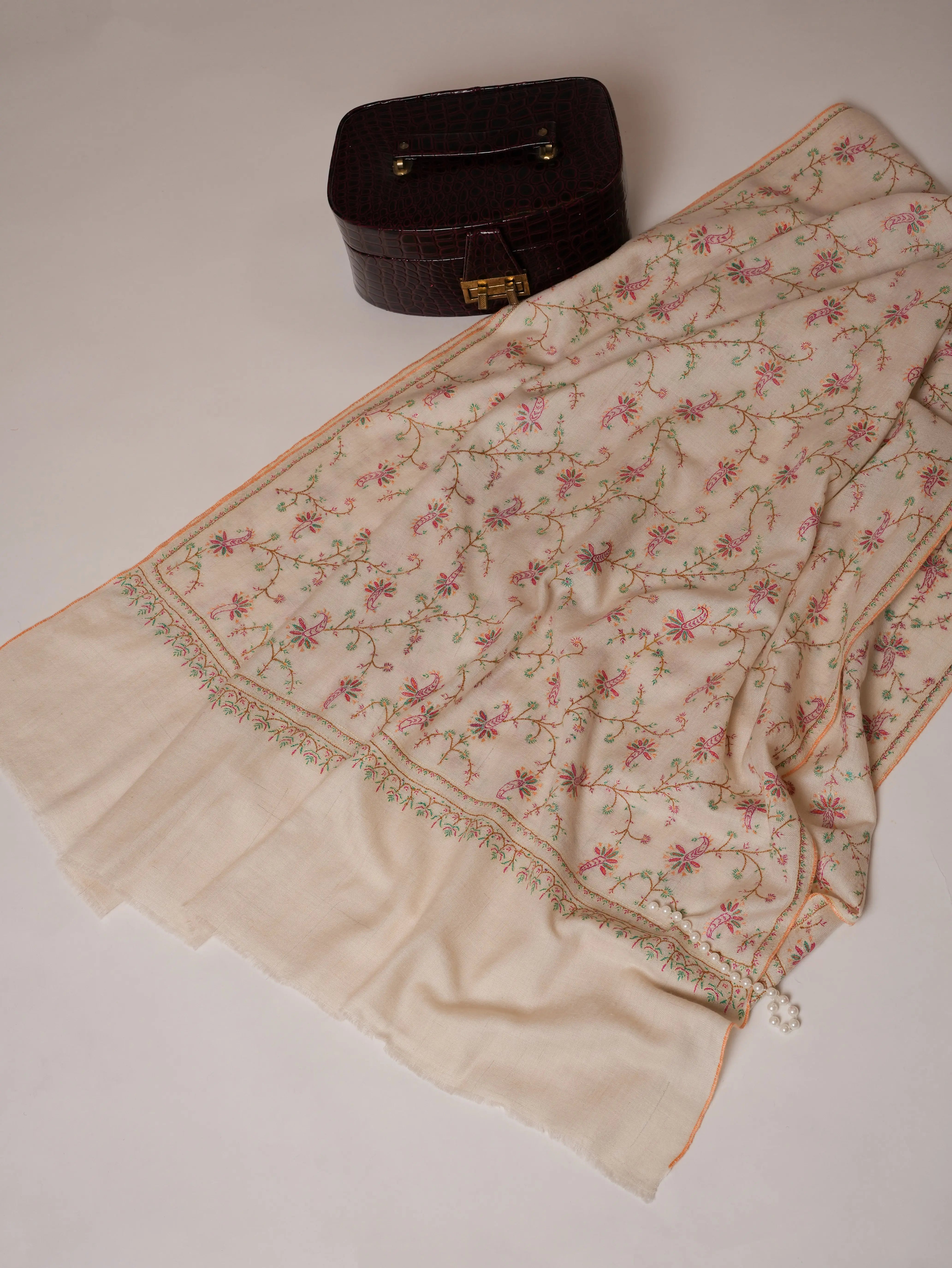 Ivory Floral Hand Embroidered Jali Kashmiri Pashmina Shawl Shahkaar Global