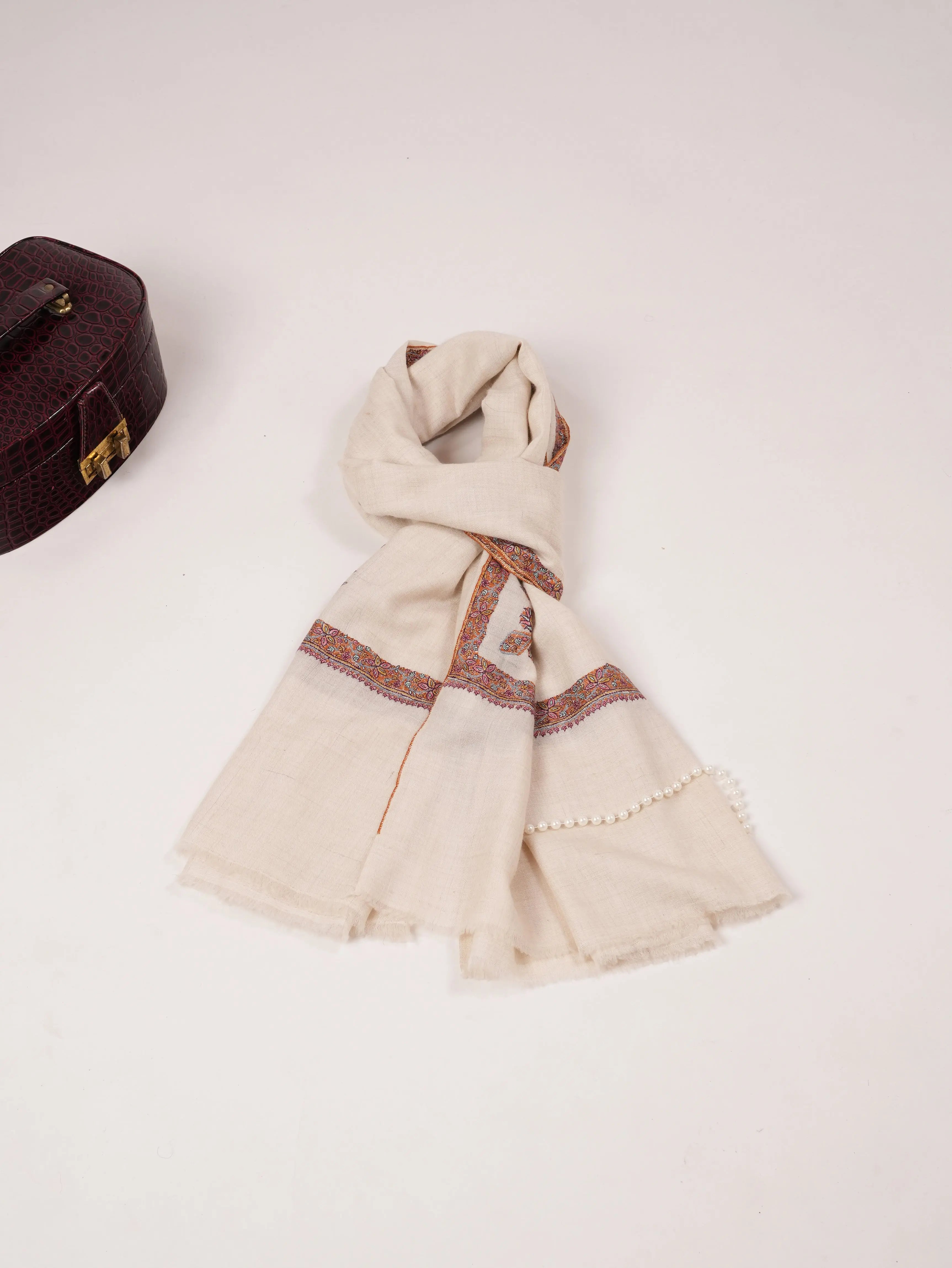 Natural White Pashmina Shawl with Classic Hashia Embroidery Shahkaar.com