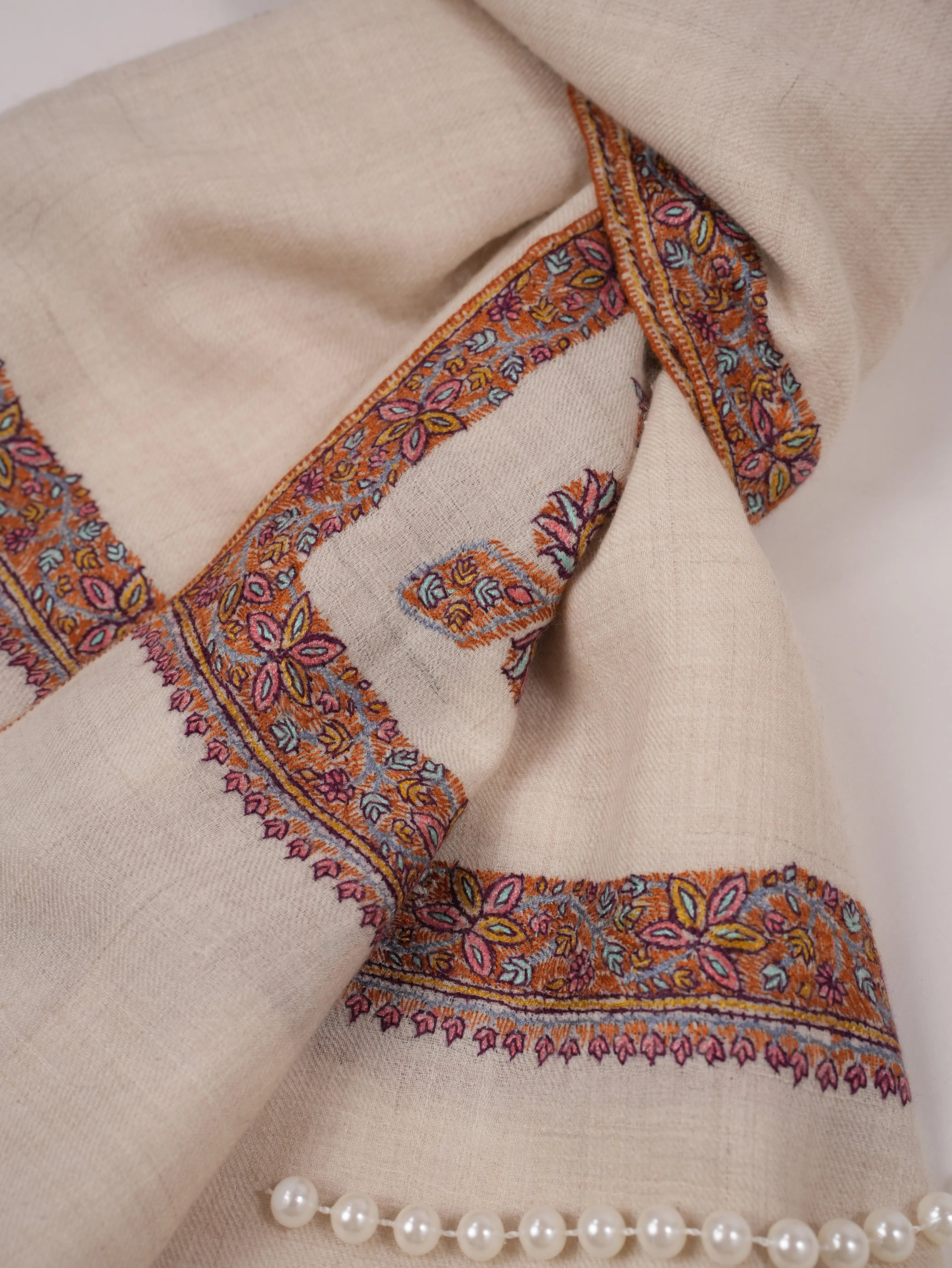 Natural White Pashmina Shawl with Classic Hashia Embroidery Shahkaar.com