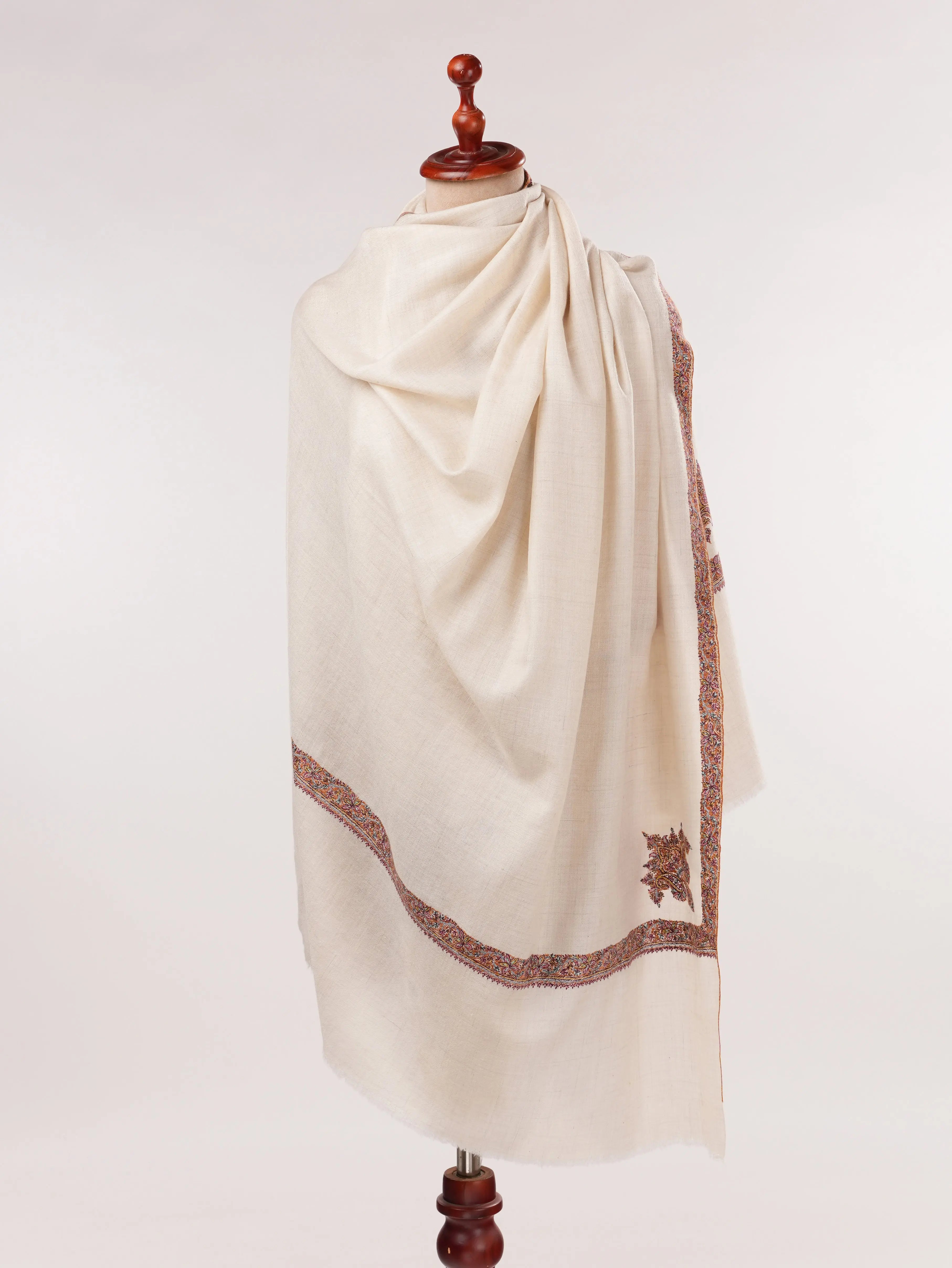 Natural White Pashmina Shawl with Classic Hashia Embroidery Shahkaar.com
