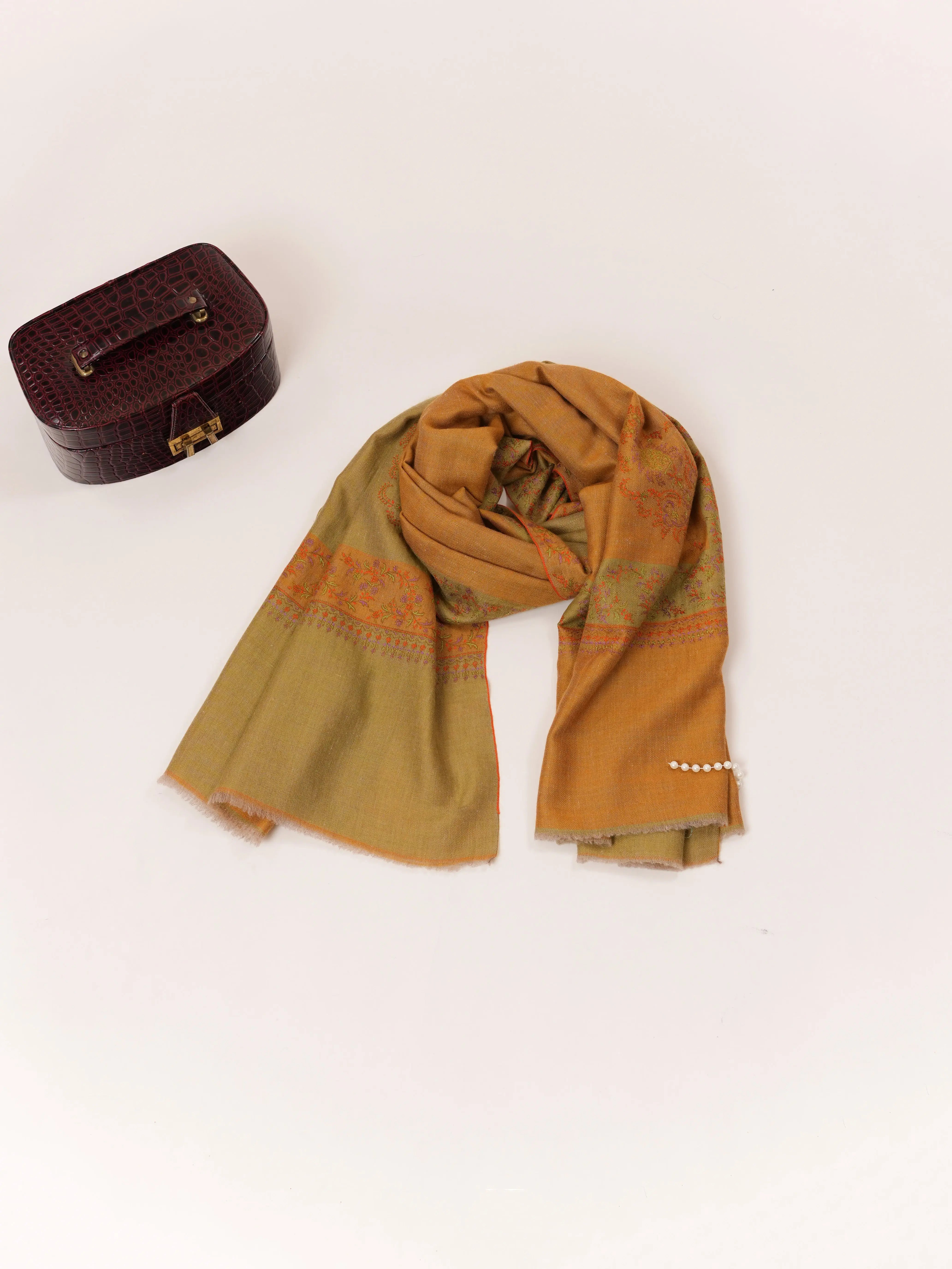 Dualtone Kashmiri Handwoven Pashmina Shawl with Hand Sozni Daurdar Embroidery Shahkaar.com