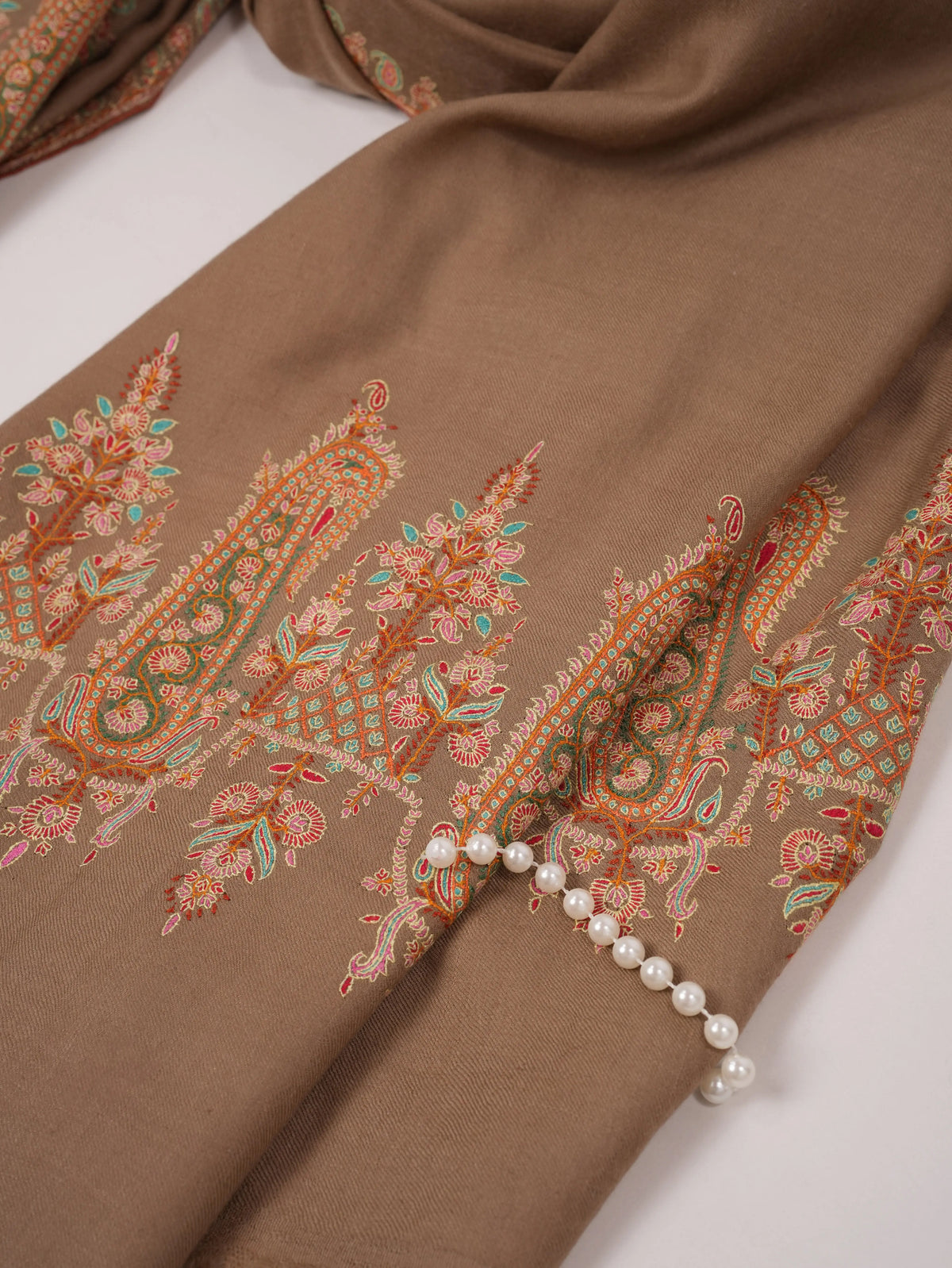 Kashmiri Shawl in Handwoven Beige Pashmina with Sozni Paisley Palldar Embroidery Shahkaar.com