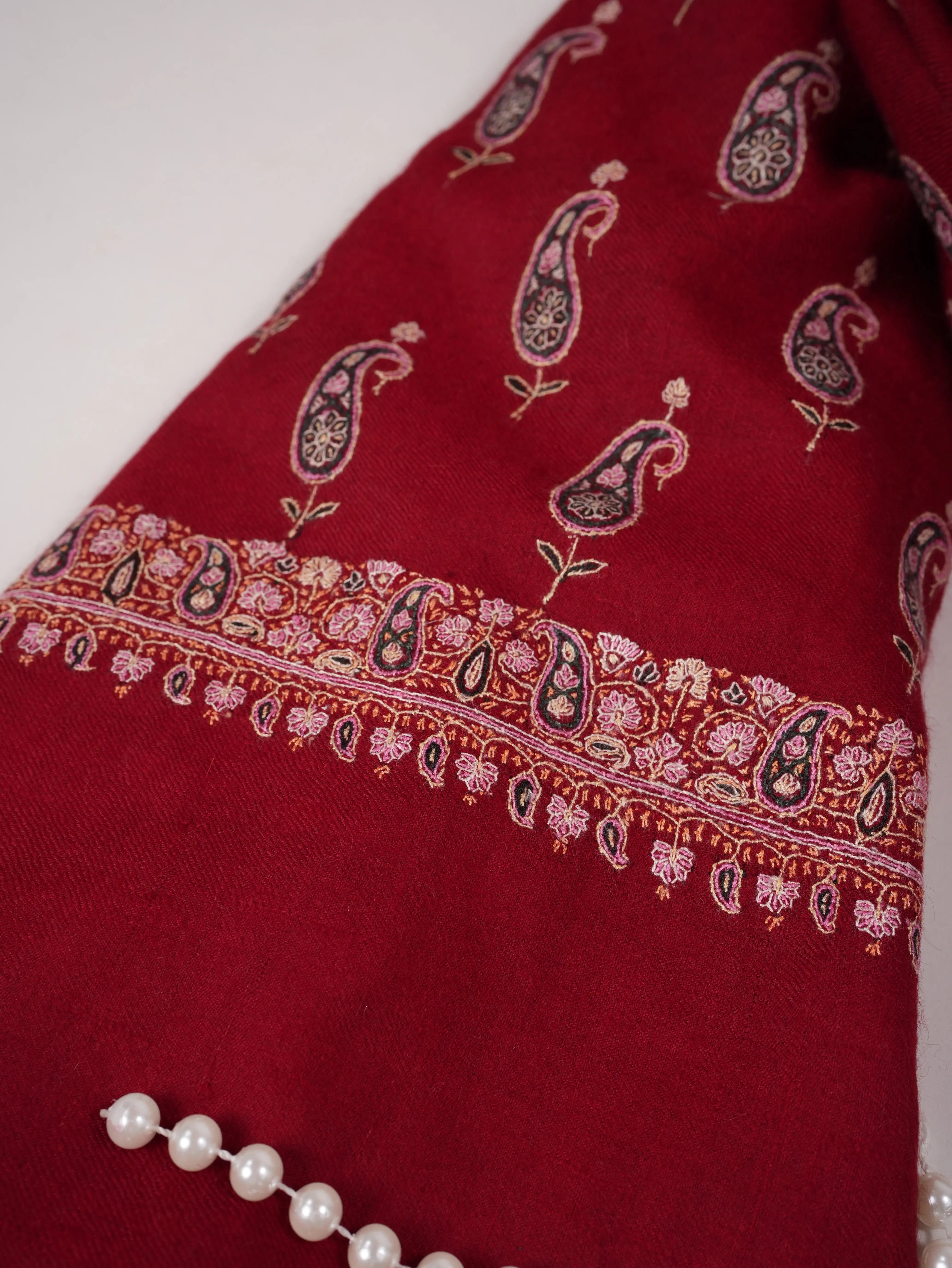 Maroon Pure Pashmina Shawl with Paisley Buteh Hand Sozni Embroidery Shahkaar.com