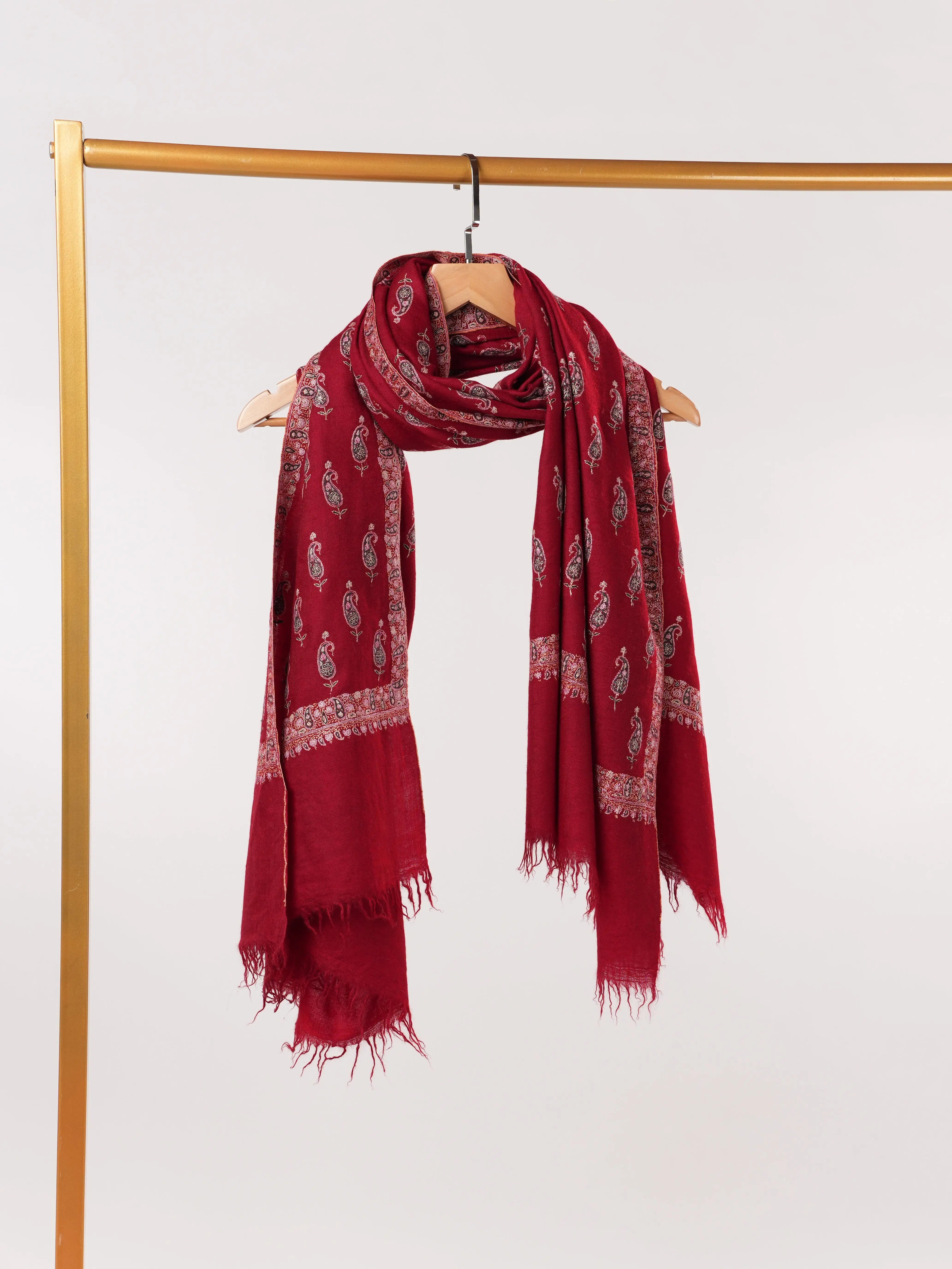 Maroon Pure Pashmina Shawl with Paisley Buteh Hand Sozni Embroidery Shahkaar.com