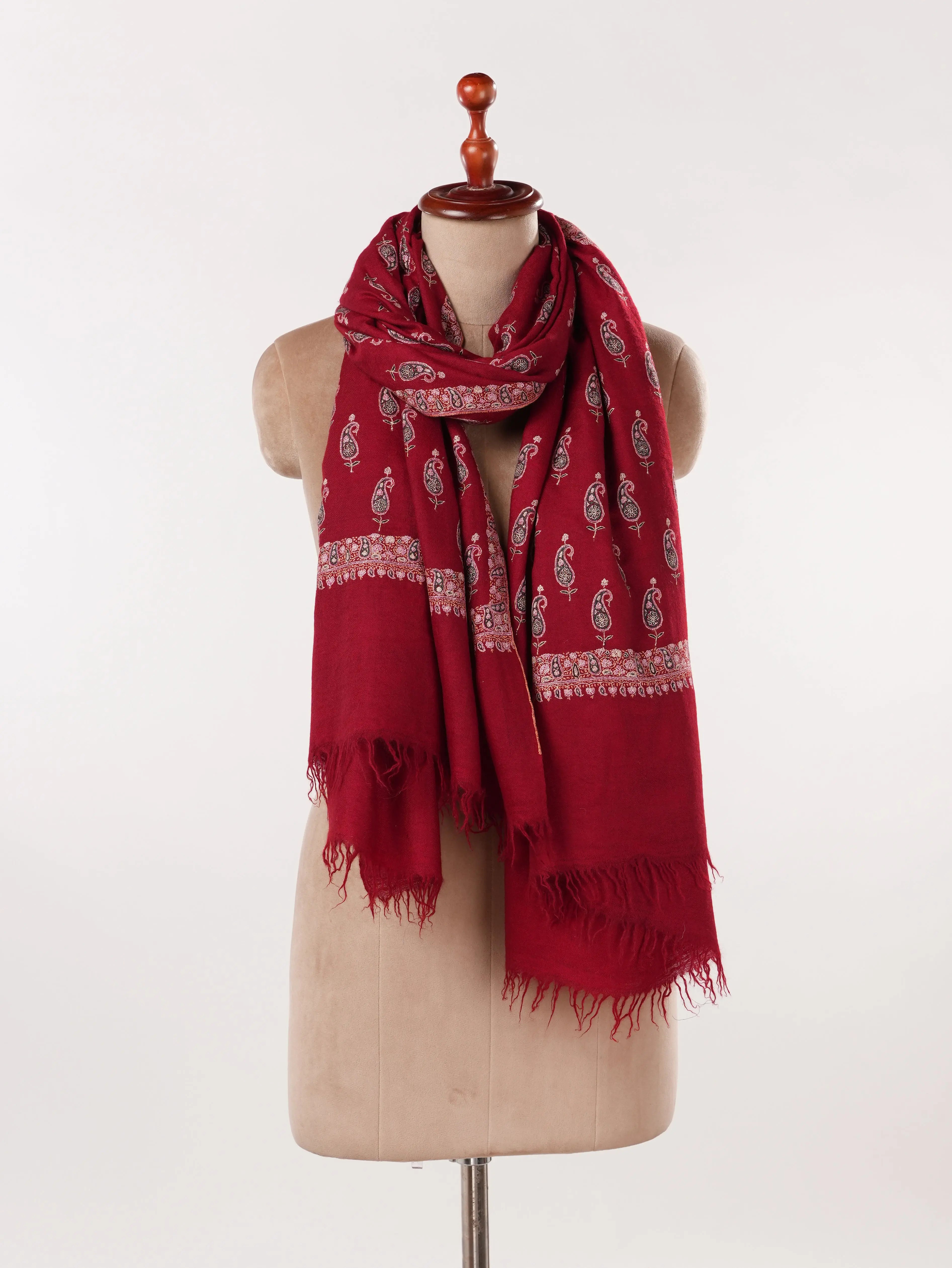 Maroon Pure Pashmina Shawl with Paisley Buteh Hand Sozni Embroidery Shahkaar.com