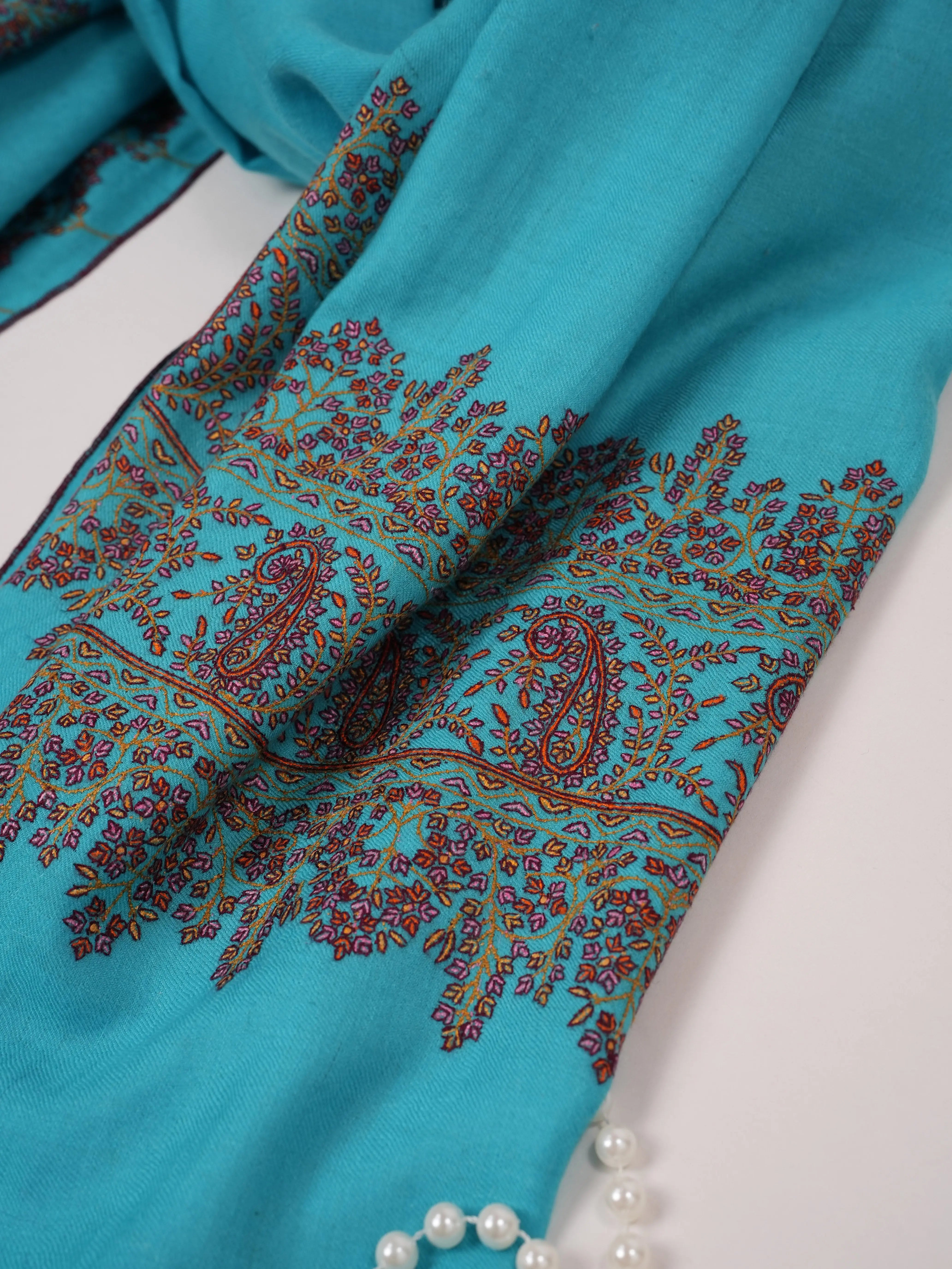 Turquoise Blue Handwoven Kashmiri Pashmina Shawl with Palldar Hand Sozni Embroidery Shahkaar.com