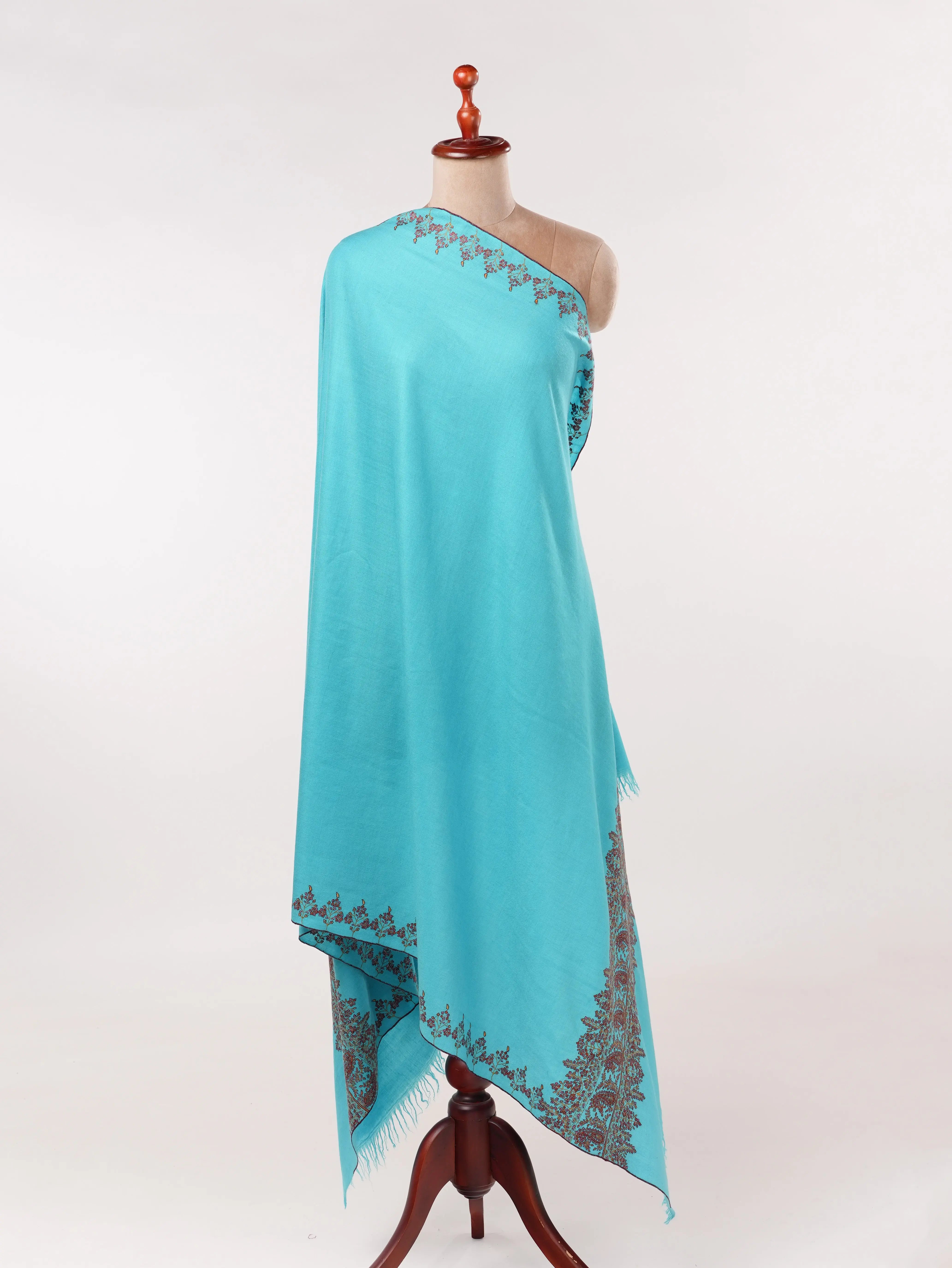 Turquoise Blue Handwoven Kashmiri Pashmina Shawl with Palldar Hand Sozni Embroidery Shahkaar.com