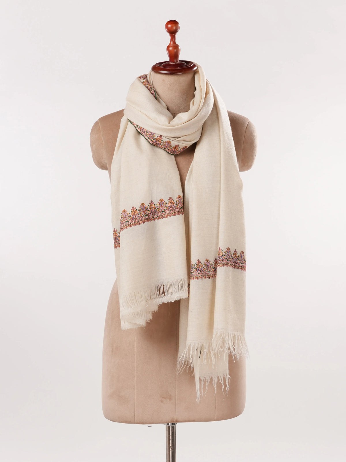 Natural White Pure Pashmina Shawl with Hashidar Sozni Embroidery Shahkaar.com