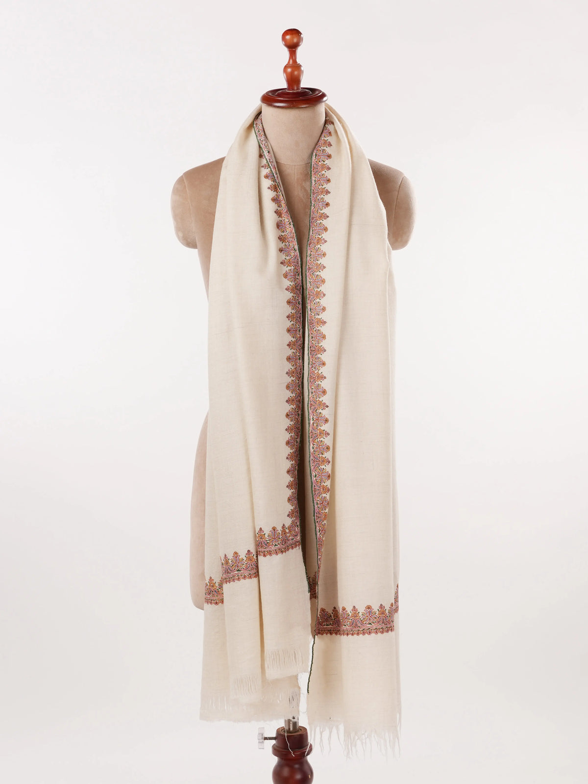 Natural White Pure Pashmina Shawl with Hashidar Sozni Embroidery Shahkaar.com