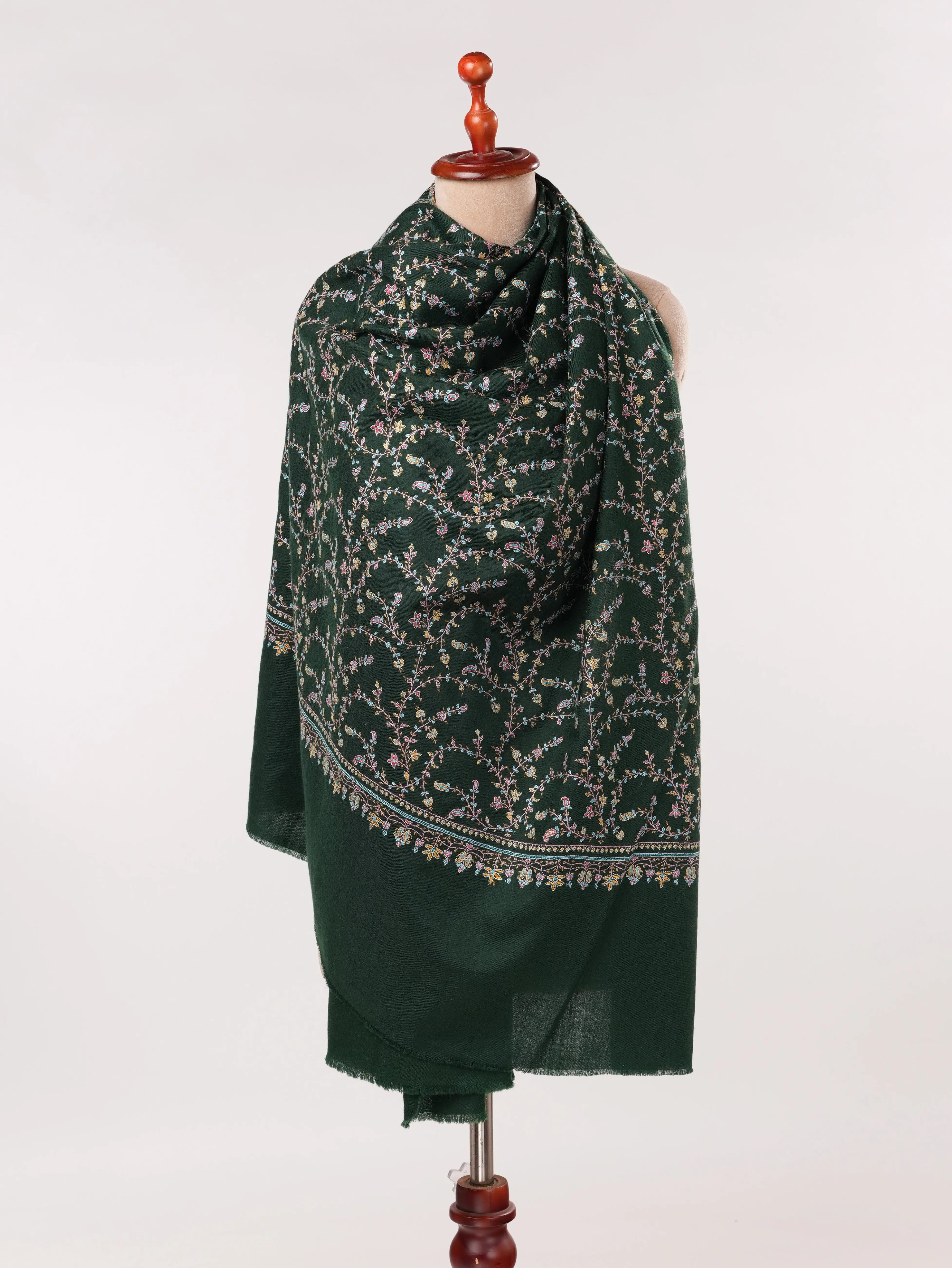 Forest Green Handwoven Kashmiri Jali Pashmina Shawl with Hand Sozni Embroidery Shahkaar.com