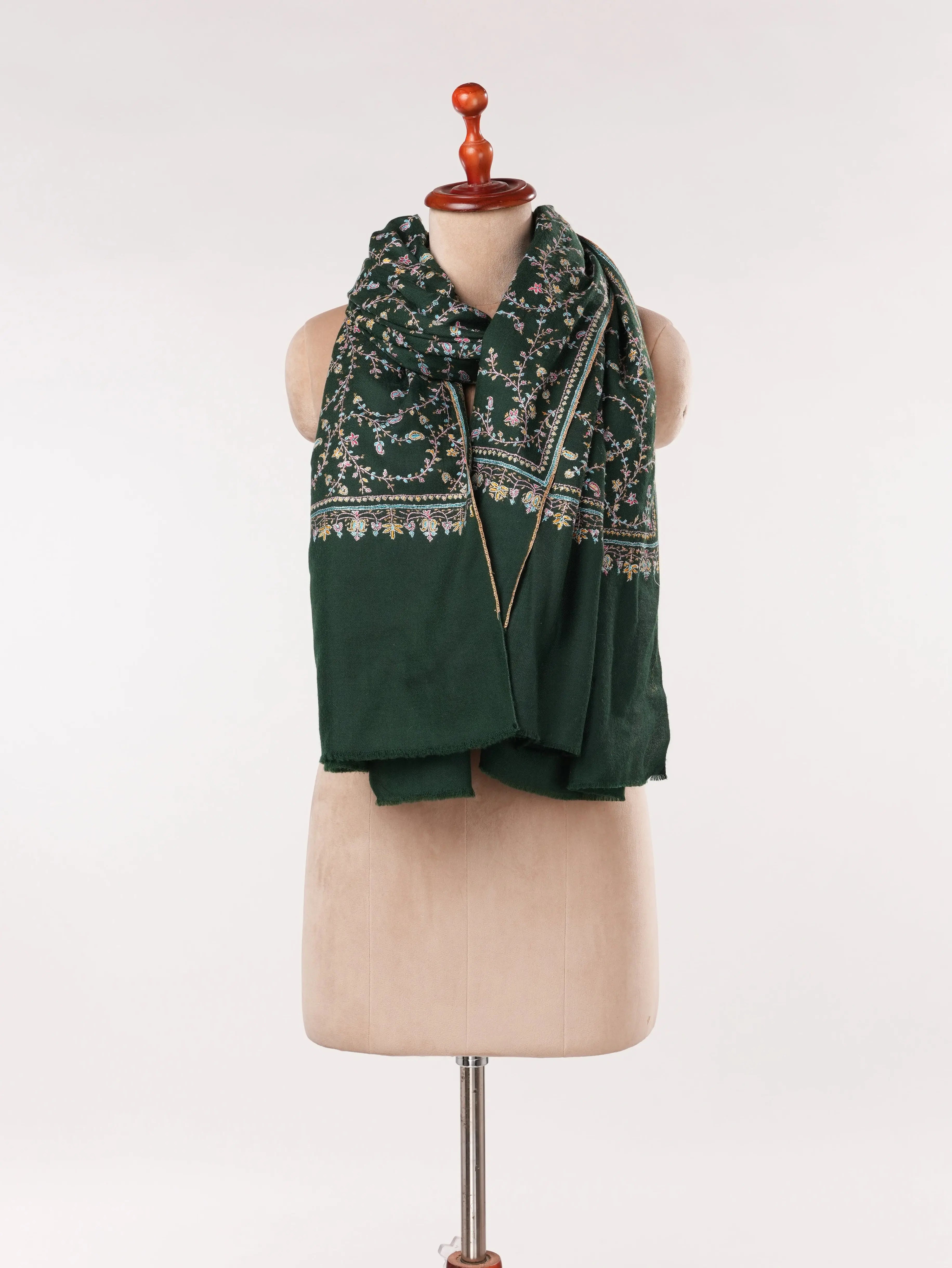 Forest Green Handwoven Kashmiri Jali Pashmina Shawl with Hand Sozni Embroidery Shahkaar.com