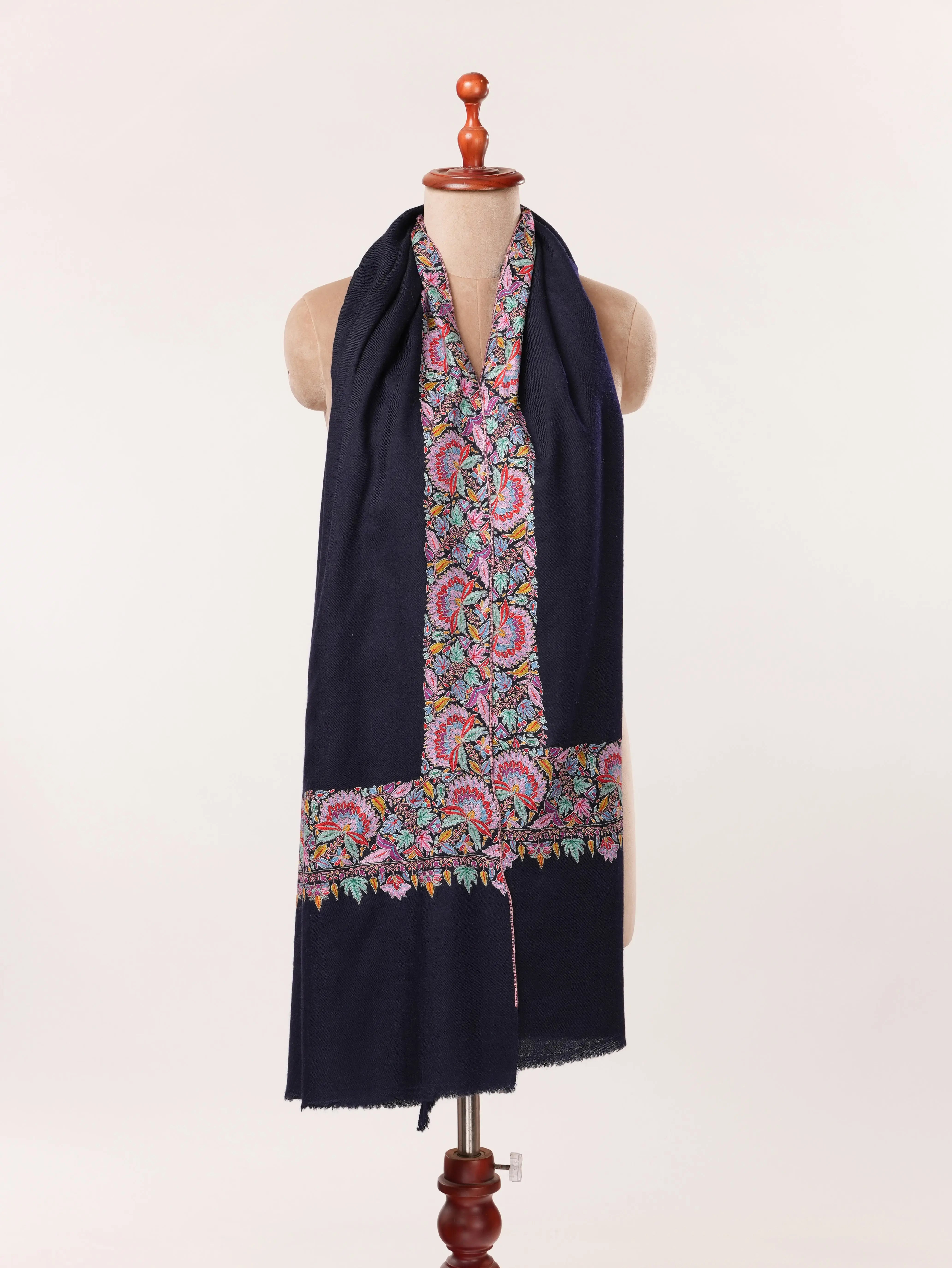 Handwoven Navy Blue Daurdar Shawl in Soft Pashmina from Kashmir Shahkaar.com