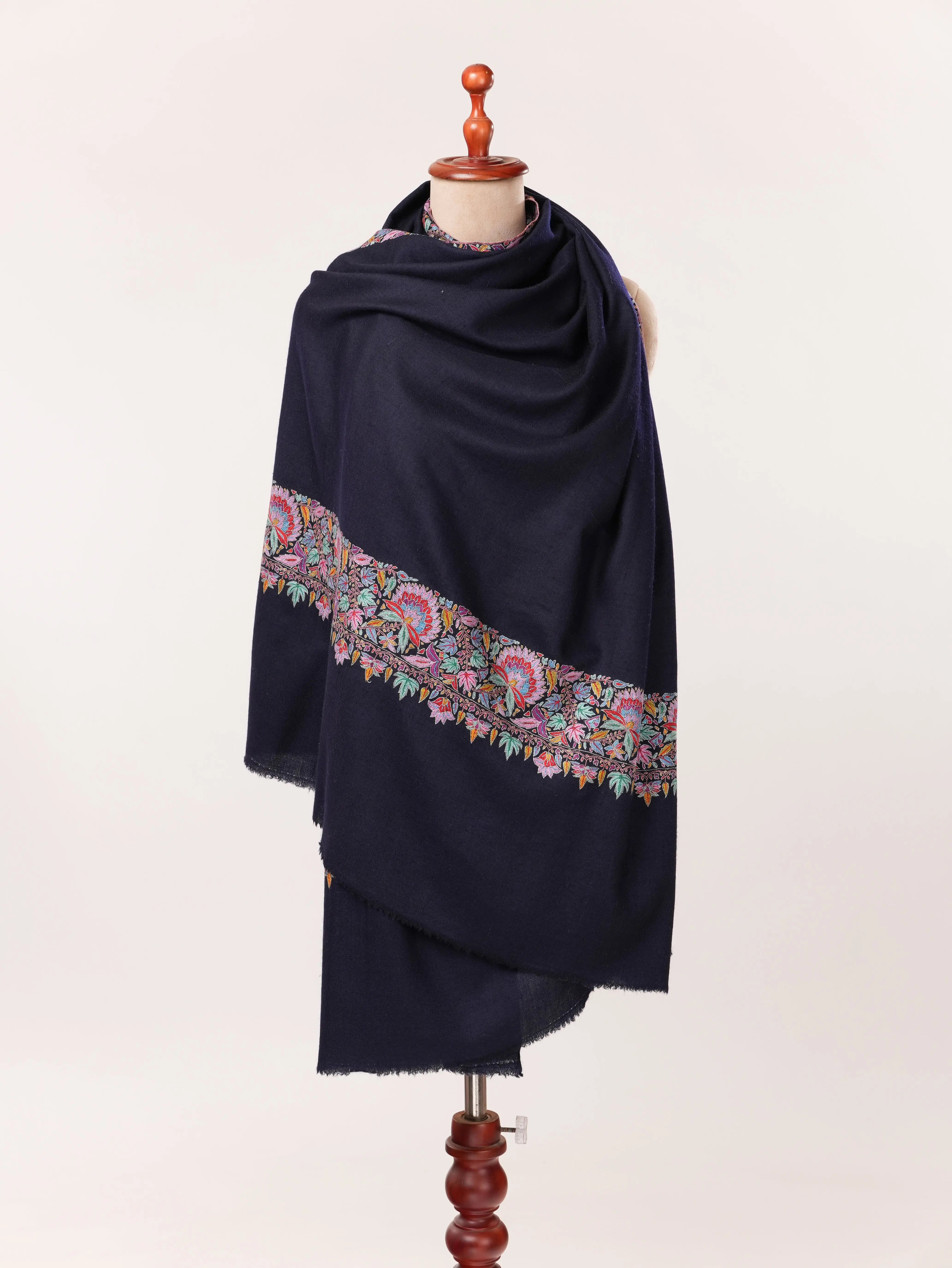 Handwoven Navy Blue Daurdar Shawl in Soft Pashmina from Kashmir Shahkaar.com