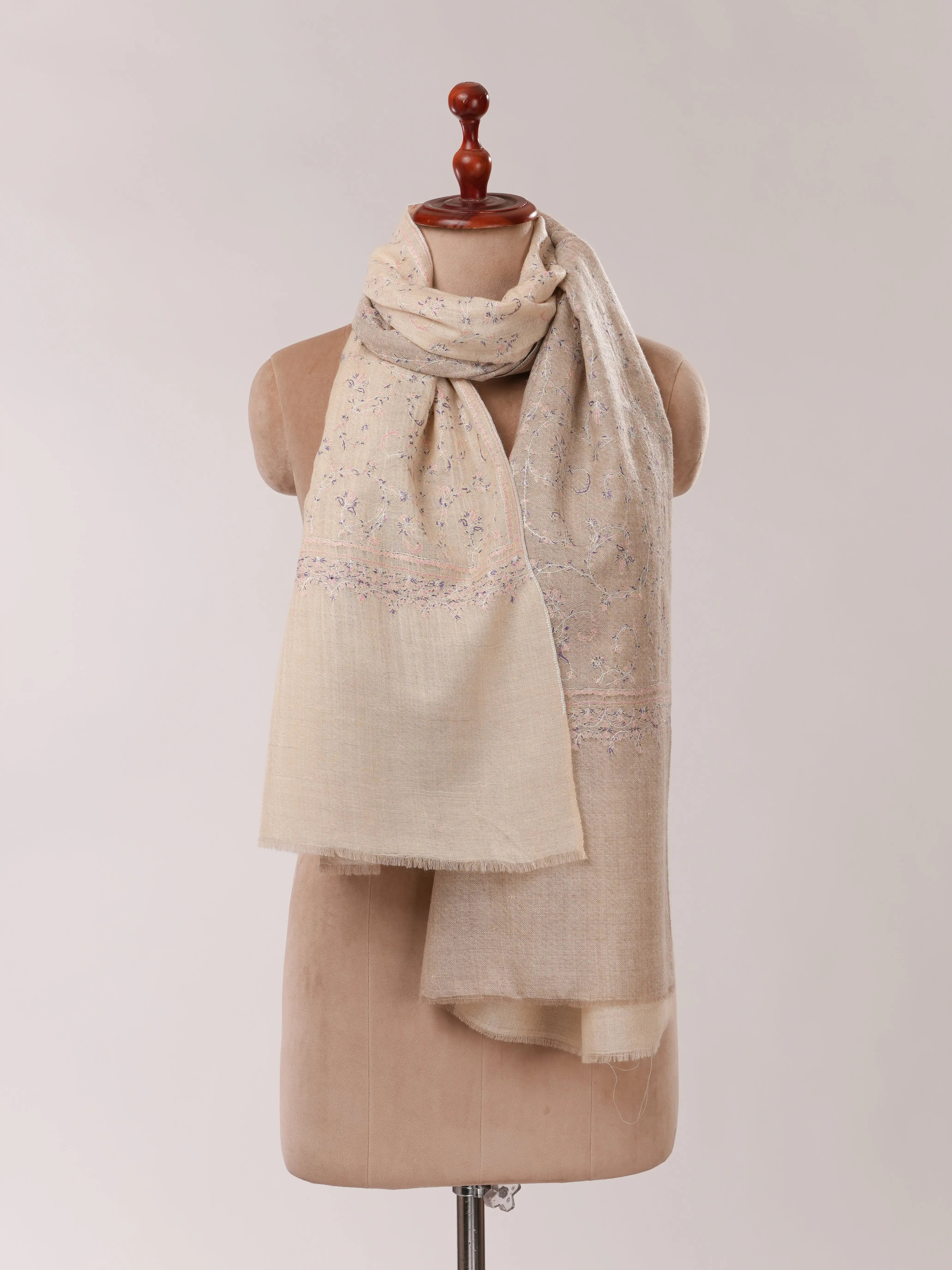 Natural Grey and White Pure Cashmere Scarf with All Over Hand Embroidery Shahkaar.com