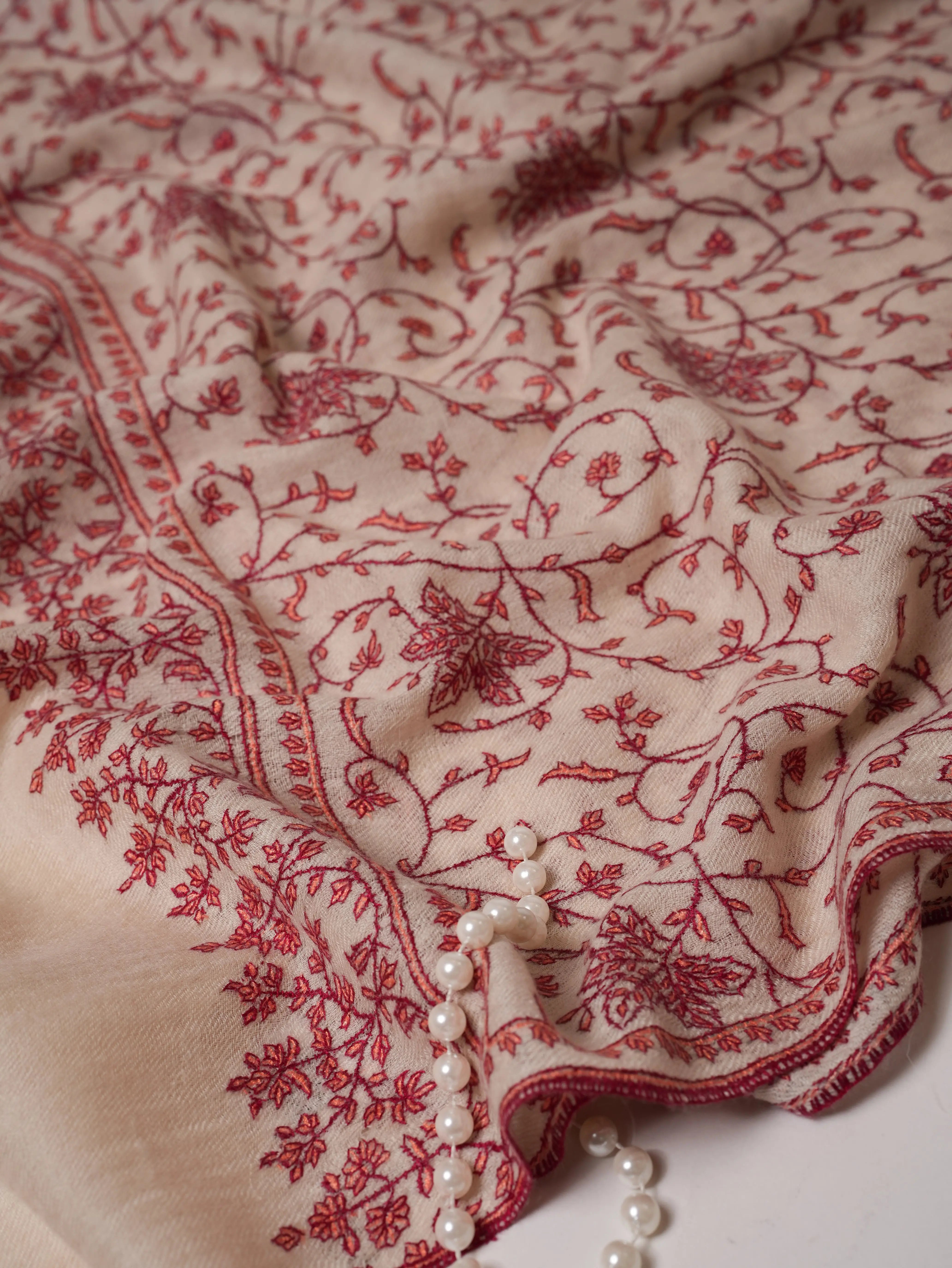 Natural White Pure Cashmere Scarf with Hand Embroidery Shahkaar.com