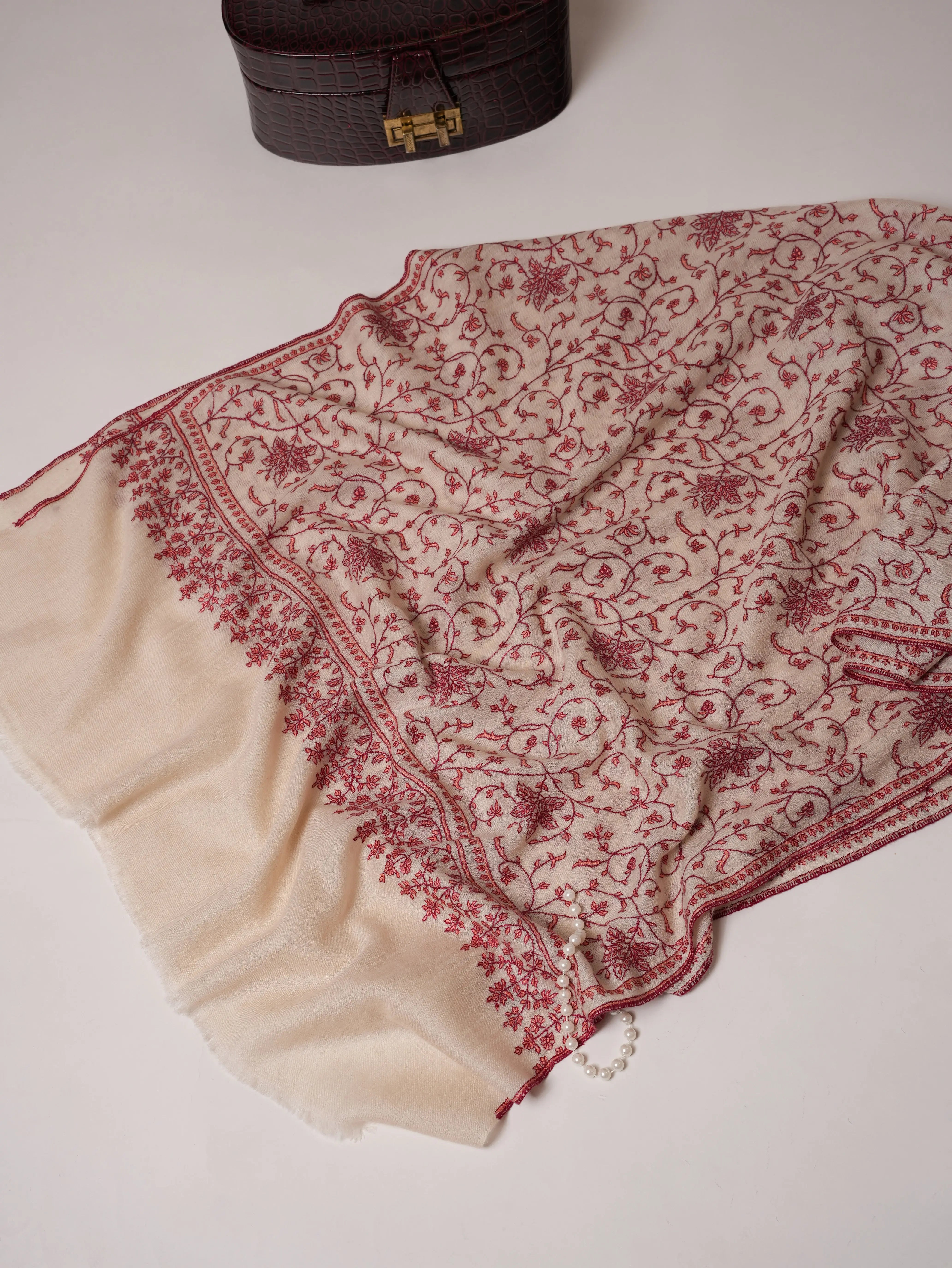 Natural White Pure Cashmere Scarf with Hand Embroidery Shahkaar.com