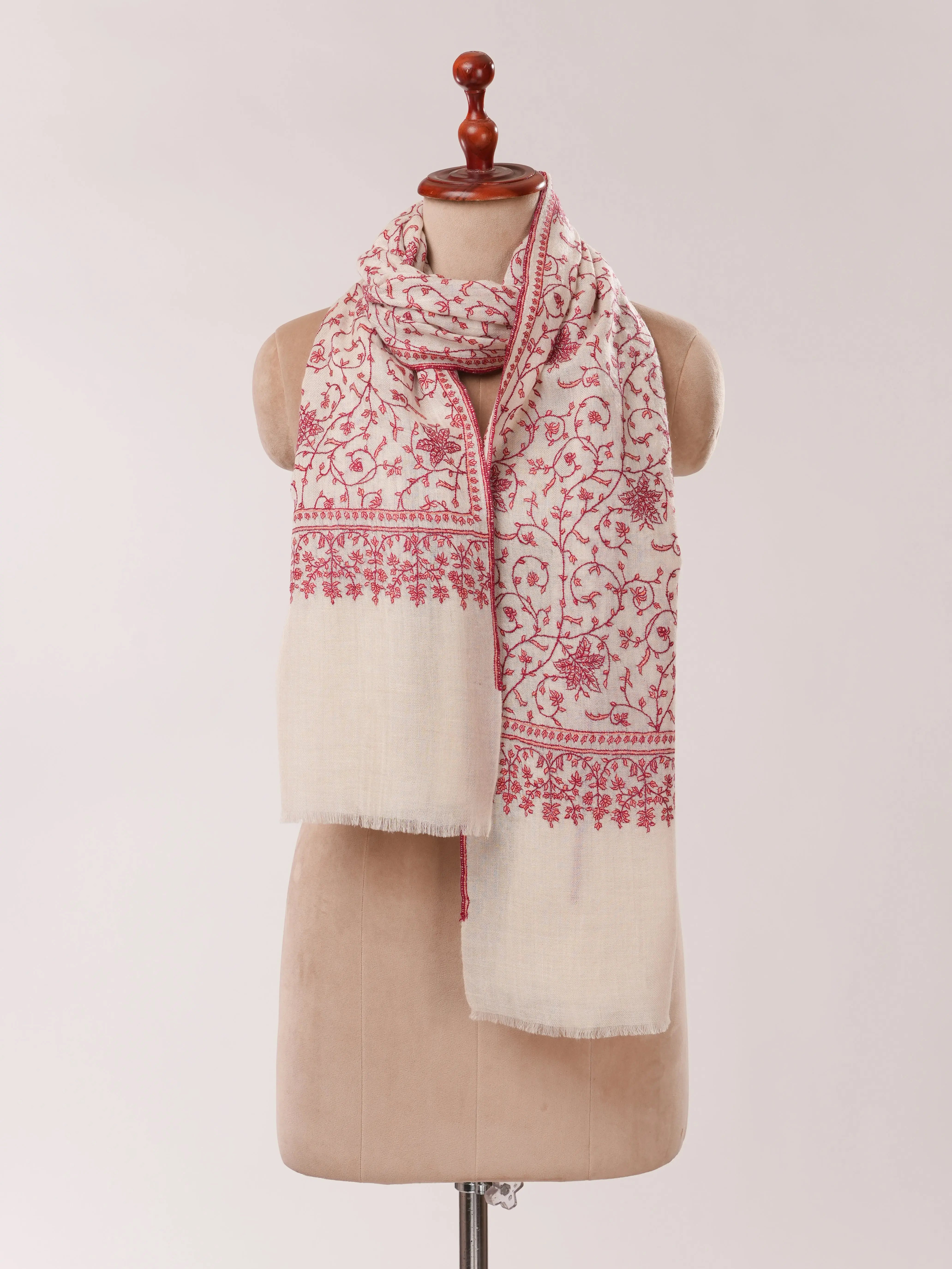 Natural White Pure Cashmere Scarf with Hand Embroidery Shahkaar.com