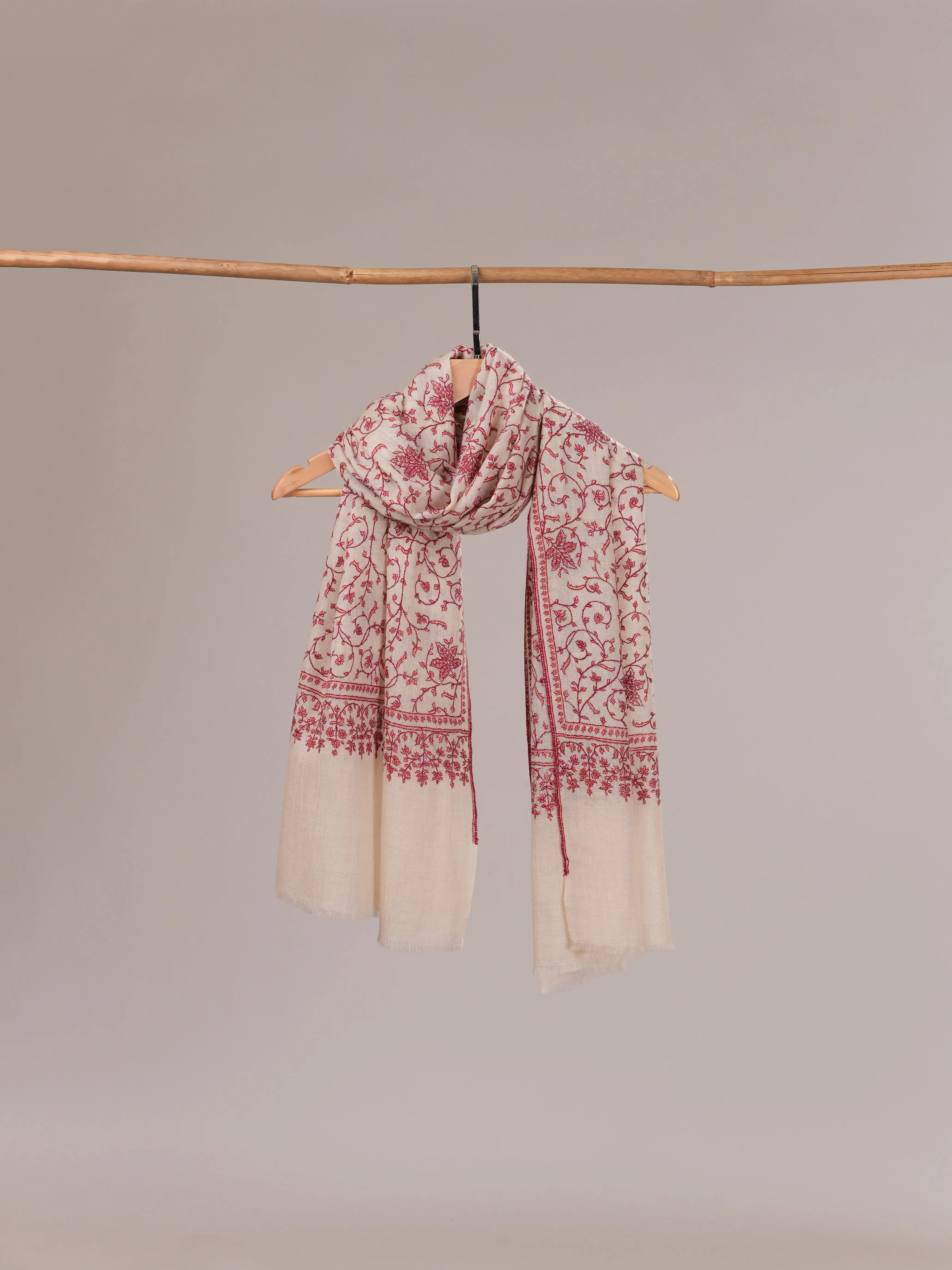 Natural White Pure Cashmere Scarf with Hand Embroidery Shahkaar.com