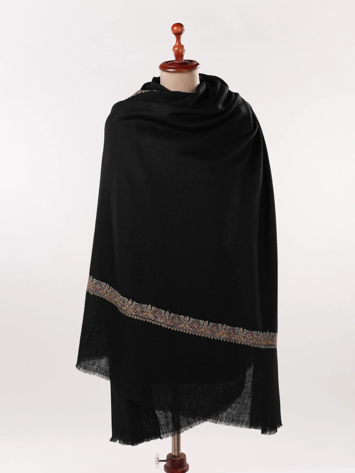 Black Handwoven Authentic Pashmina Shawl with Neemdaur Sozni Embroidery Shahkaar.com