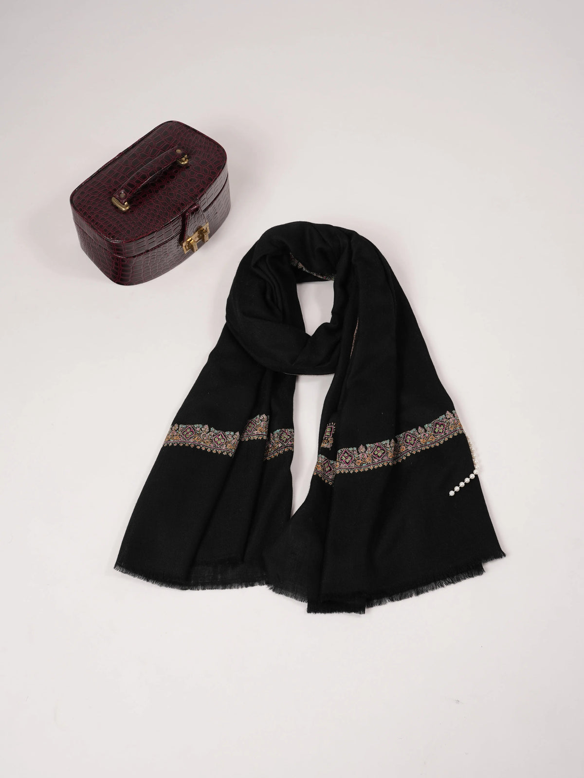 Black Handwoven Authentic Pashmina Shawl with Neemdaur Sozni Embroidery Shahkaar.com