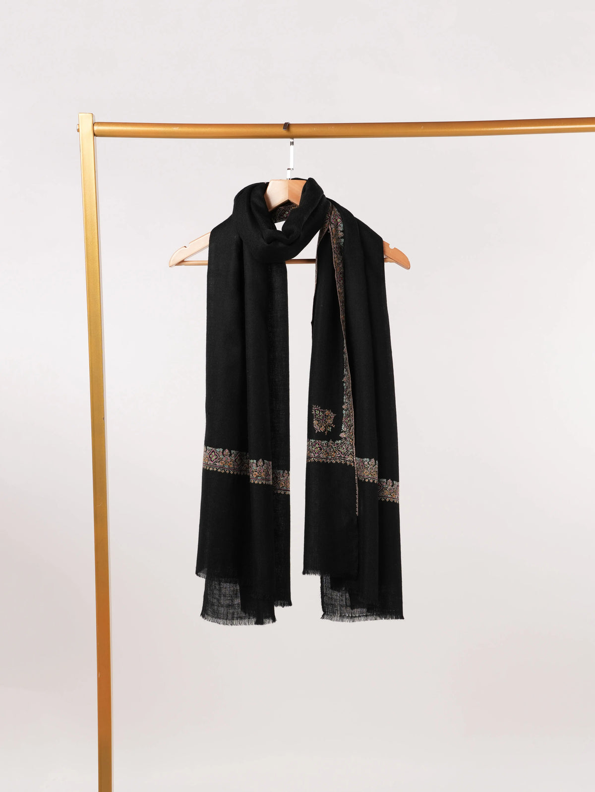 Black Handwoven Authentic Pashmina Shawl with Neemdaur Sozni Embroidery Shahkaar.com