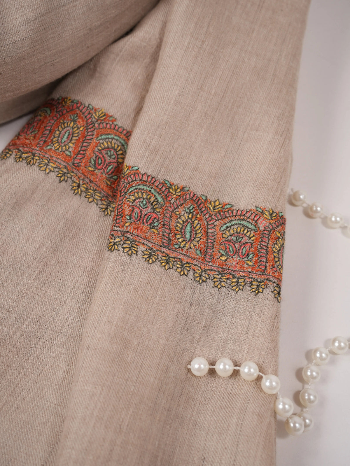 Light Beige Handwoven Soft Pashmina Shawl with Neemdaur Hand Embroidery Shahkaar.com