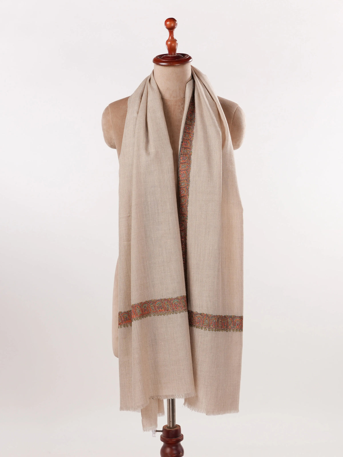Light Beige Handwoven Soft Pashmina Shawl with Neemdaur Hand Embroidery Shahkaar.com