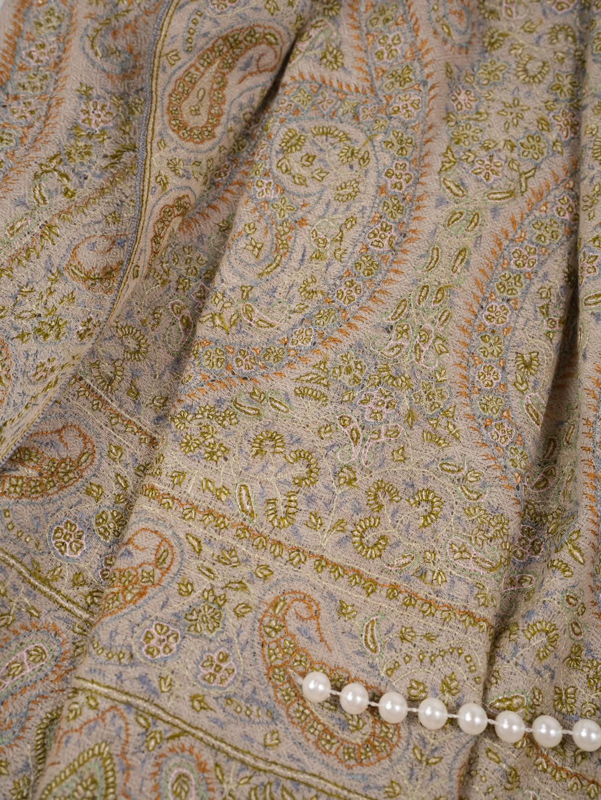 Natural Taupe Oversized Pashmina Shawl with Paisley Silk Embroidery