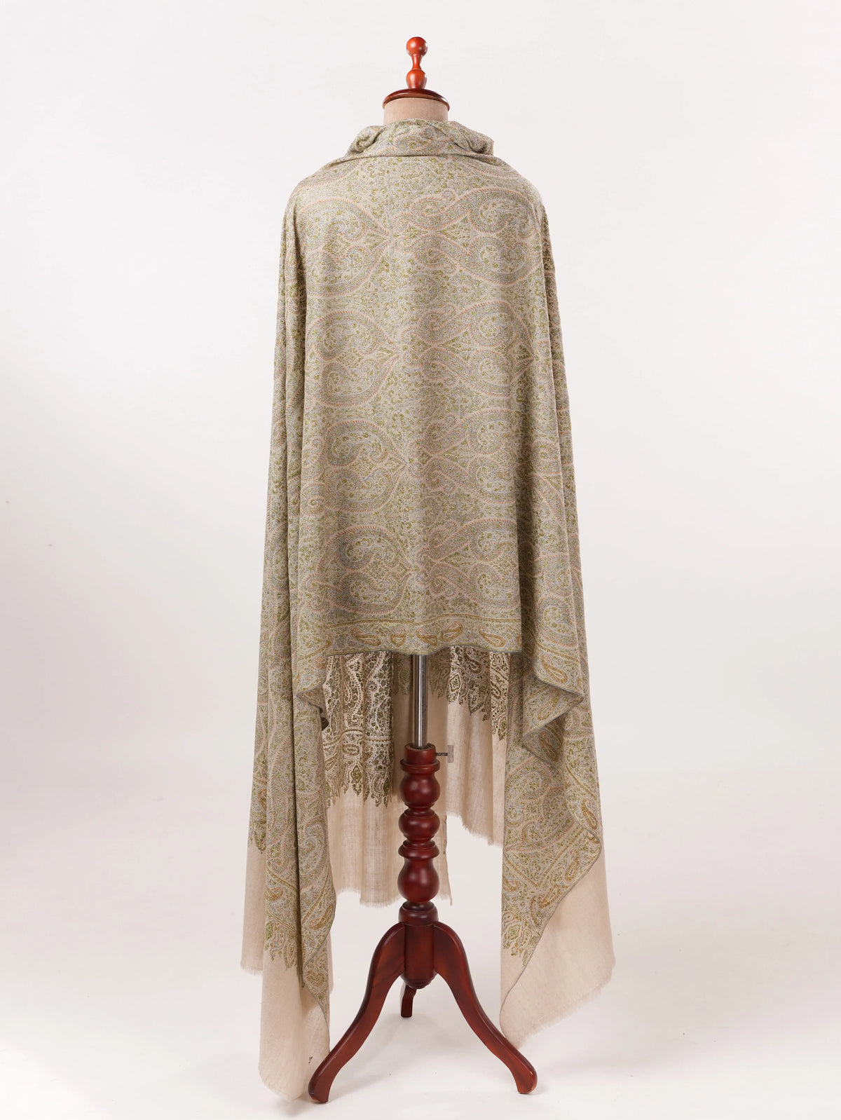 Natural Taupe Oversized Pashmina Shawl with Paisley Silk Embroidery