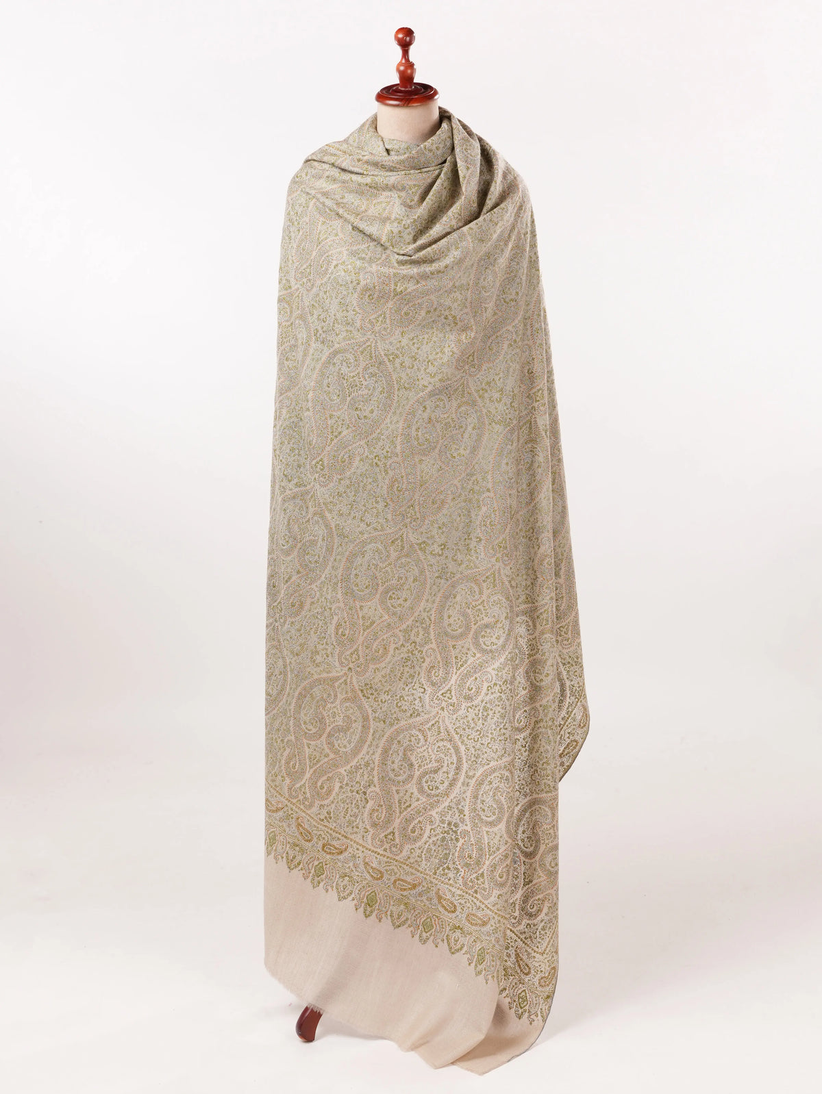 Natural Taupe Oversized Pashmina Shawl with Paisley Silk Embroidery